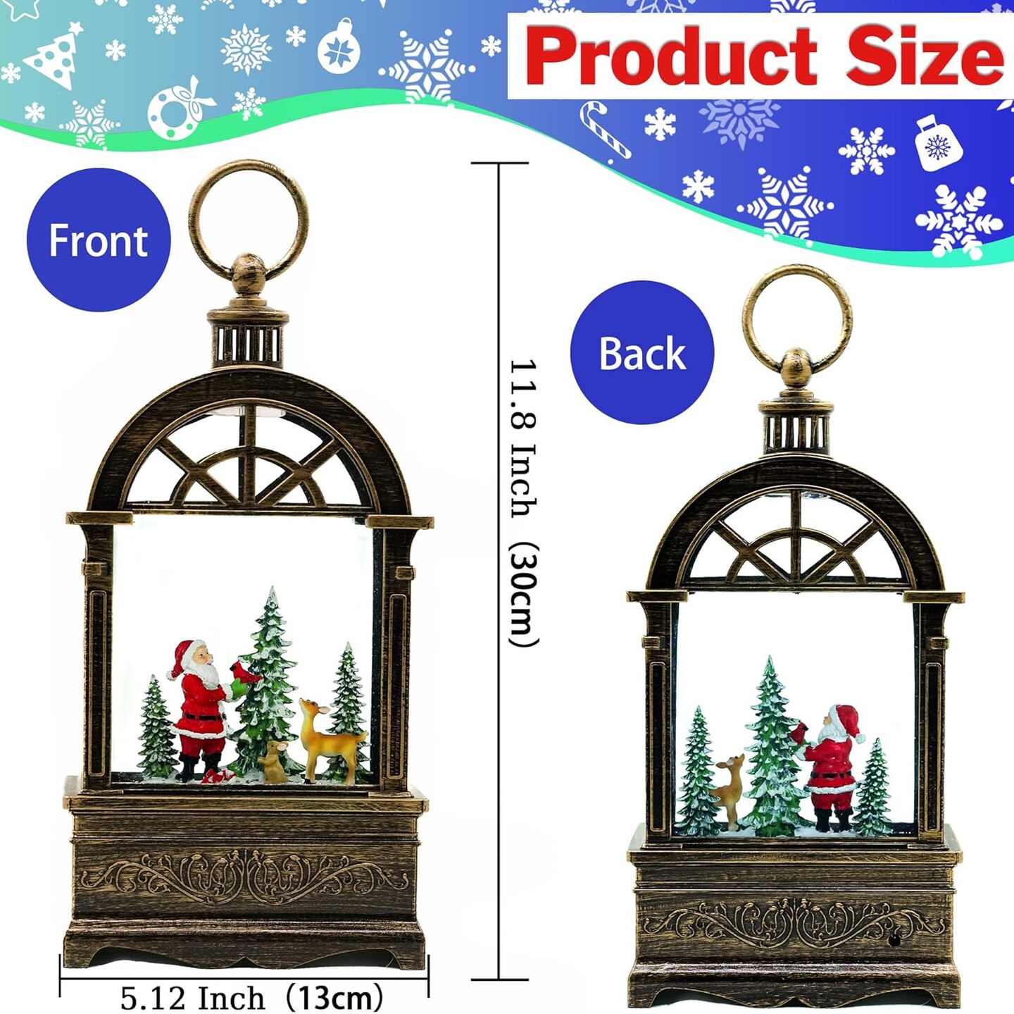 Christmas Snow Globe Lantern Swirling Glittering Santa Moose and Cardinal with Music,USB Lined or Battery Operated Lighted Water Lantern for Thanksgiving Christmas Decoration Gifts