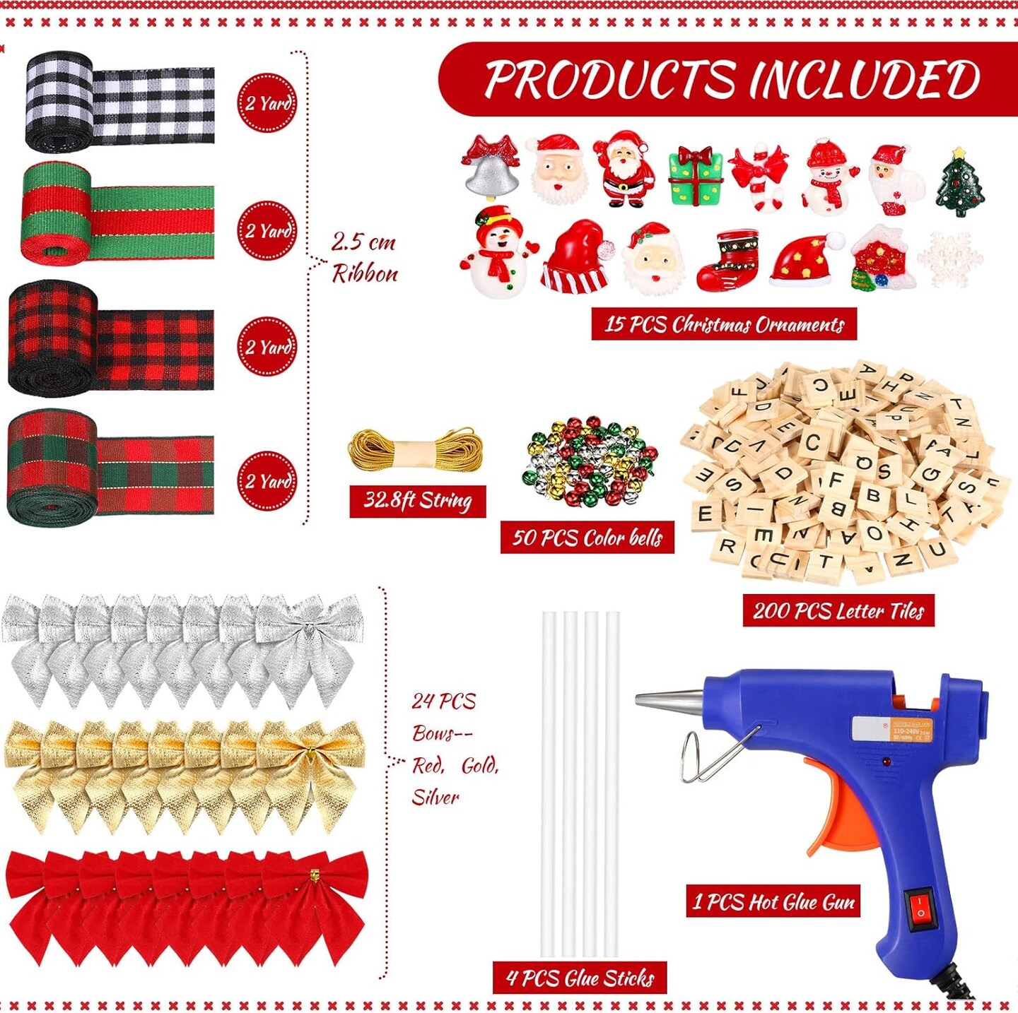 299 Pieces Christmas Ornaments Tree Decorations Personalized Crafts Kit DIY Ribbon Letter Tiles Bells Bows Hanging Rustic Stockings Hot Glue Gun Name Tags with Glue Sticks(Stylish)