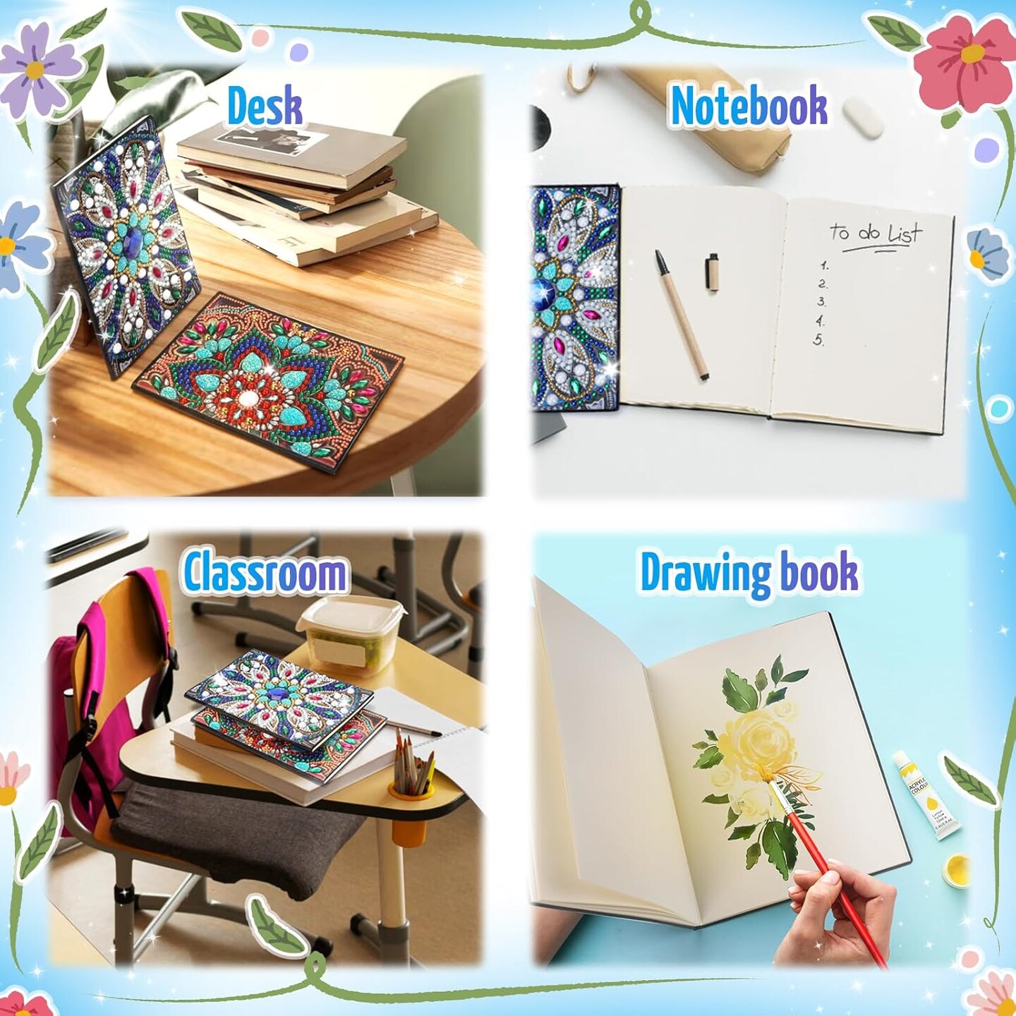Craft Kits for Kids Age 6-8-9-10, Girls Birthday Presents for 5 7 11 12 Year Old Notebook Diamond Art Painting Kit Arts and Crafts for Kids Toys for 5-10 Year Old Girl Gifts Diary (2 pcs)