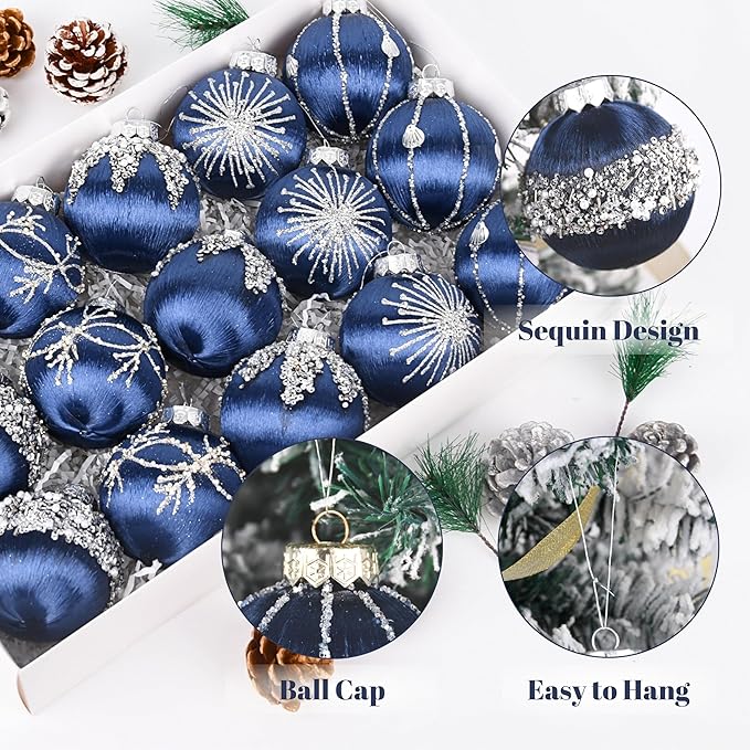 Pack of 15 Luxury Christmas Tree Decorations Shatterproof - Satin Glitter Xmas Bulbs Set, 80mm 3.15 inch