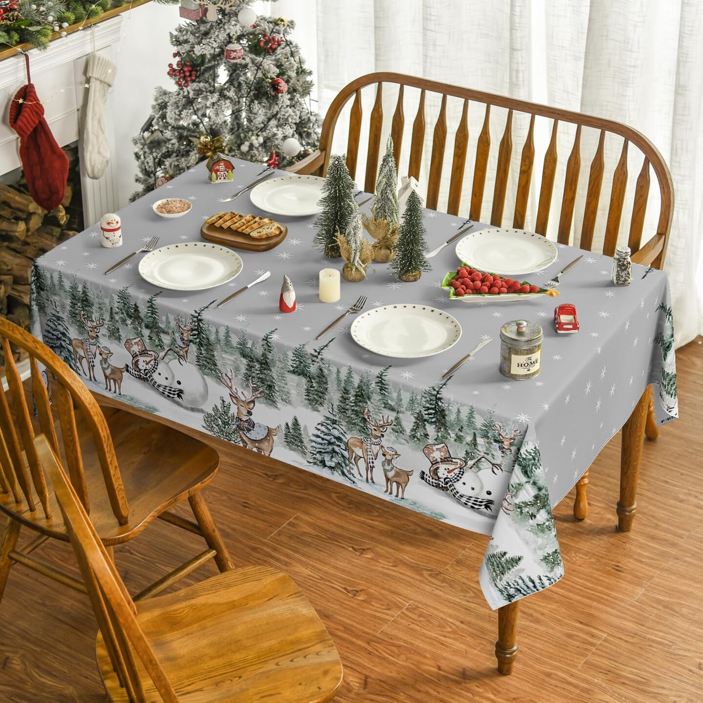 Christmas Tablecloth 60×84 Inch Rectangular, Deers Snowman Trees Grey Washable Table Cover for Party Picnic Dinner Decor