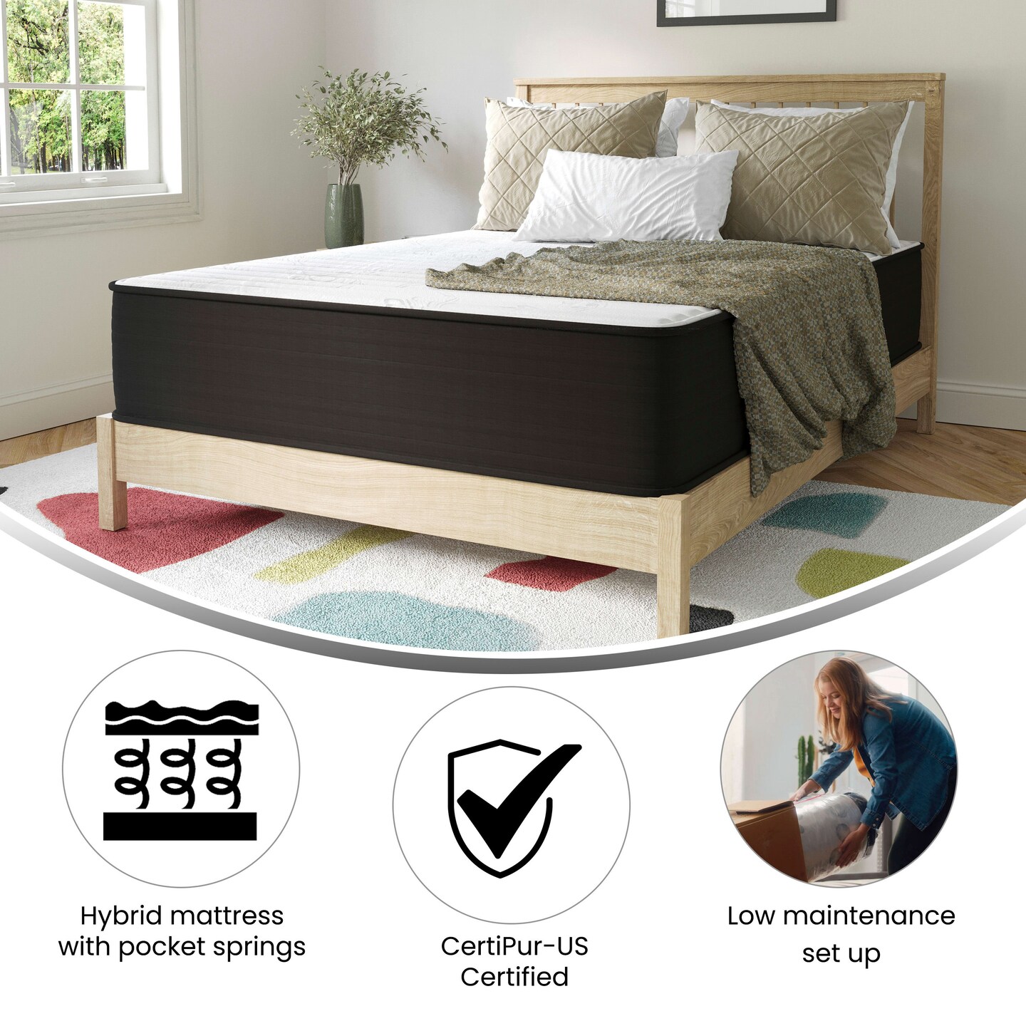 Emma and Oliver Drift 12 Inch Hybrid Mattress, High Density Foam and Pocket Spring Mattress in a Box, CertiPur-US Certified Foam