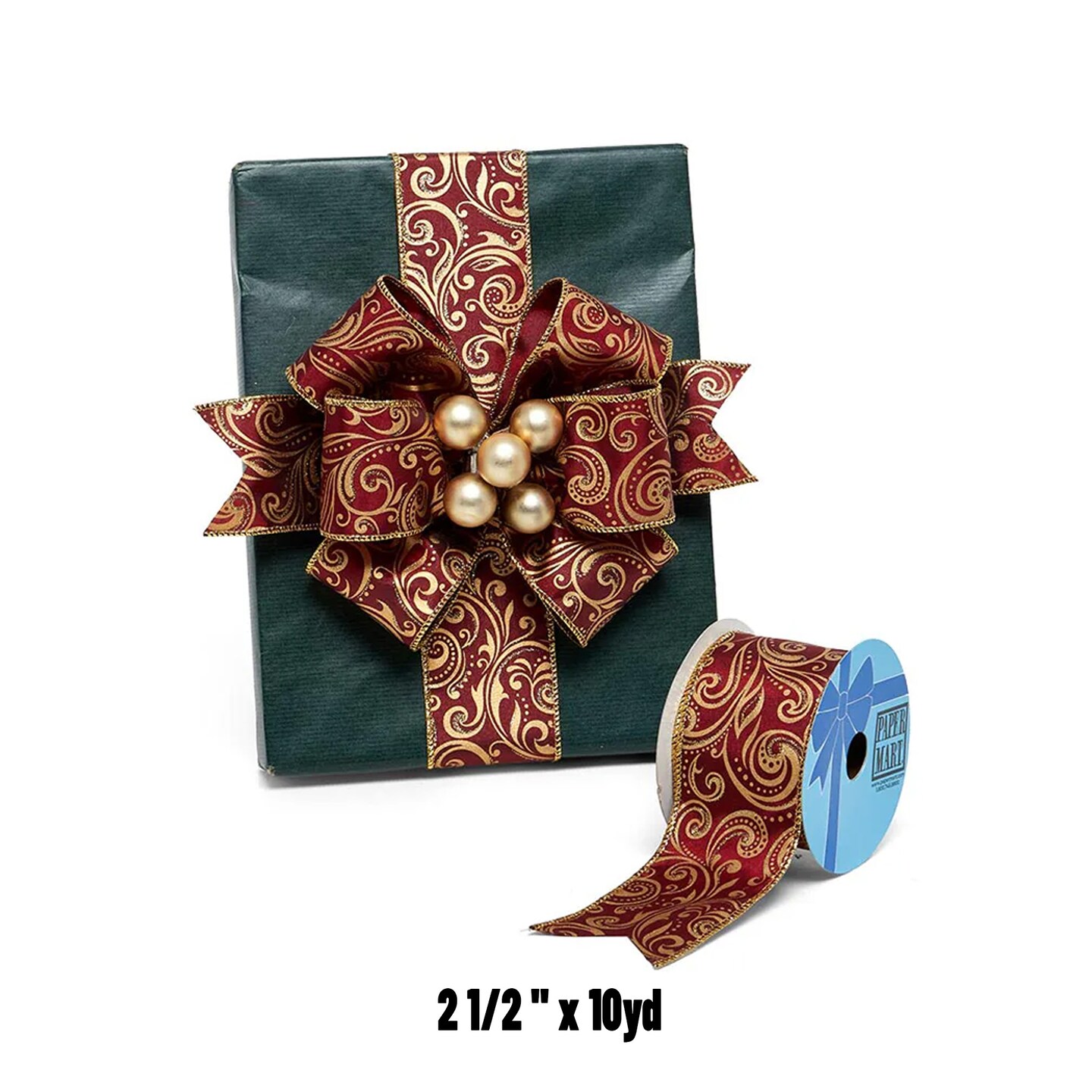 Burgundy &#x26; Gold Damask Satin Wired Ribbon 2.5&#x22; x 10 Yards