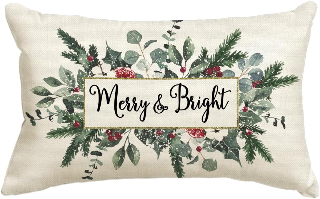 Colorlife Christmas Merry &#x26; Bright Eucalyptus Mistletoe Throw Pillow Cover, 12 x 20 Inch Winter Holiday Cushion Case Decoration for Sofa Couch