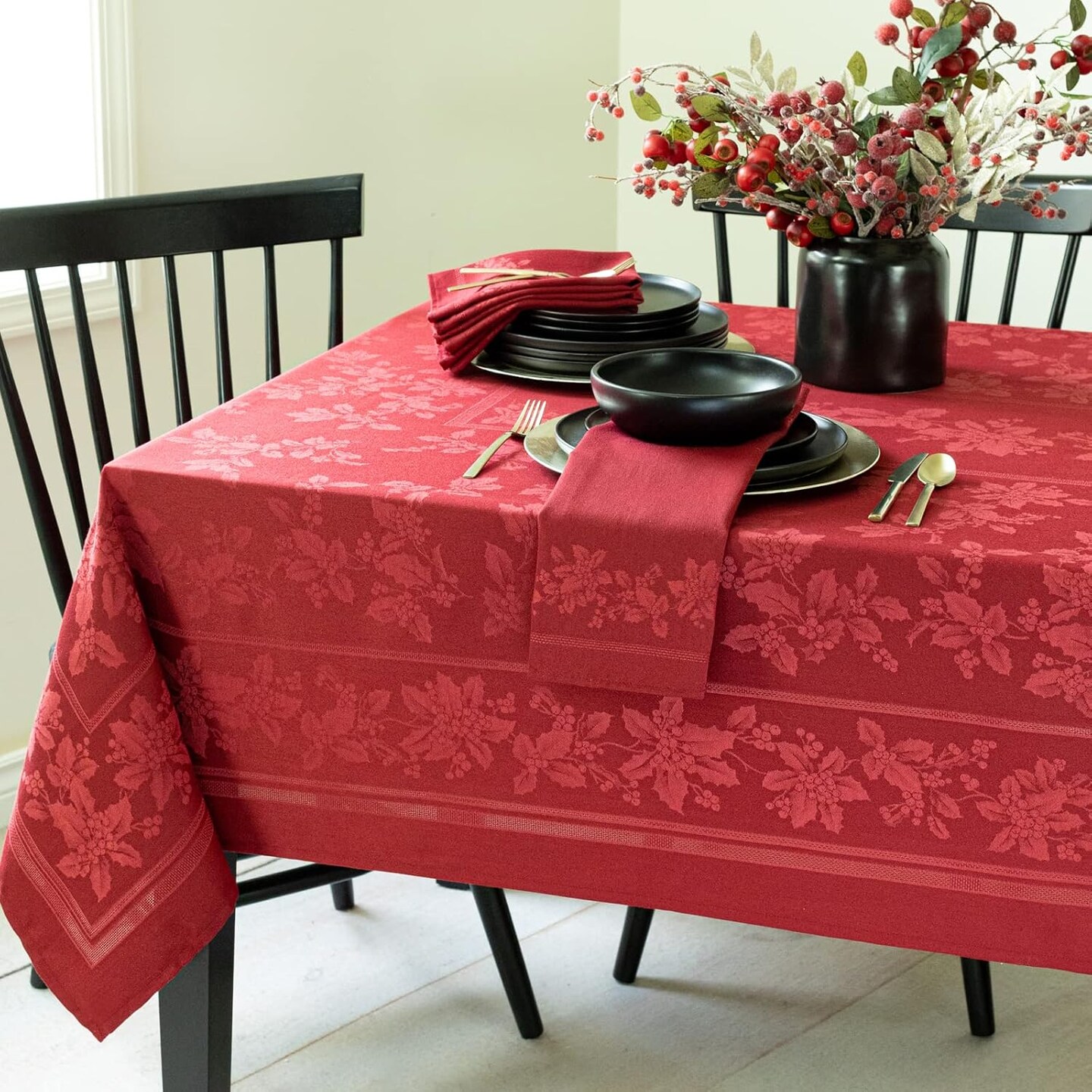 Holiday Elegance Heavyweight Engineered Jacquard Fabric Table Cloth, Holiday, Winter, and Christmas Tablecloth (Dark Red, 60&#x22; X 144&#x22; Rectangular)