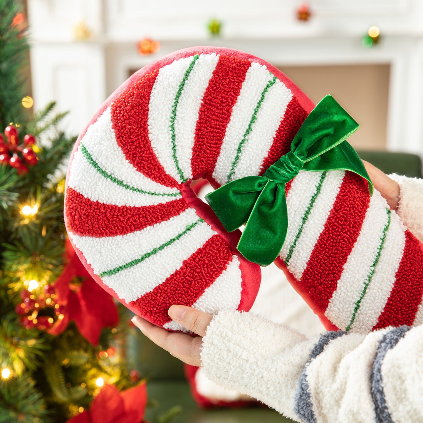 15.75&#x22;H Hooked Christmas Candy Cane Shaped Pillow