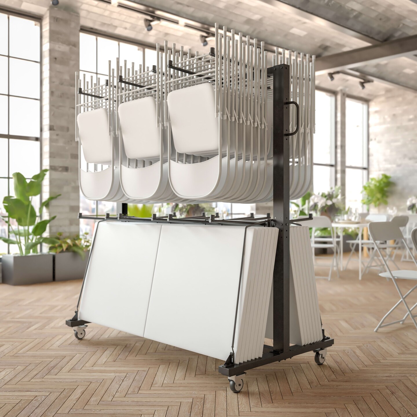 Emma and Oliver Kirk Heavy Duty Folding Table and Chairs Mobile Cart with Locking Wheels and Included Outdoor Cover and Bungee Cords