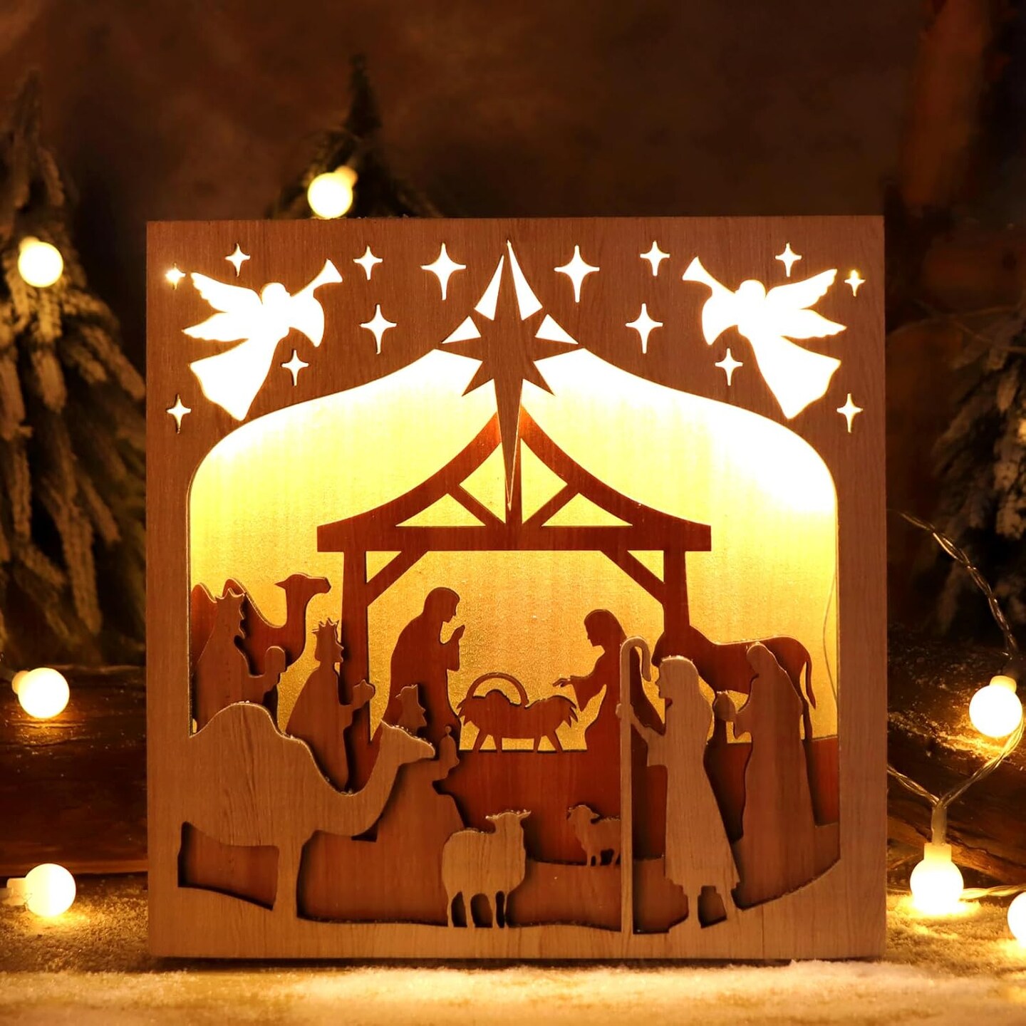 Nativity Sets Christmas Decorations Indoor, Wooden Home Decor with LED String Lights, Nativity Scene Decorations for Christmas Home Display, Table Shelf