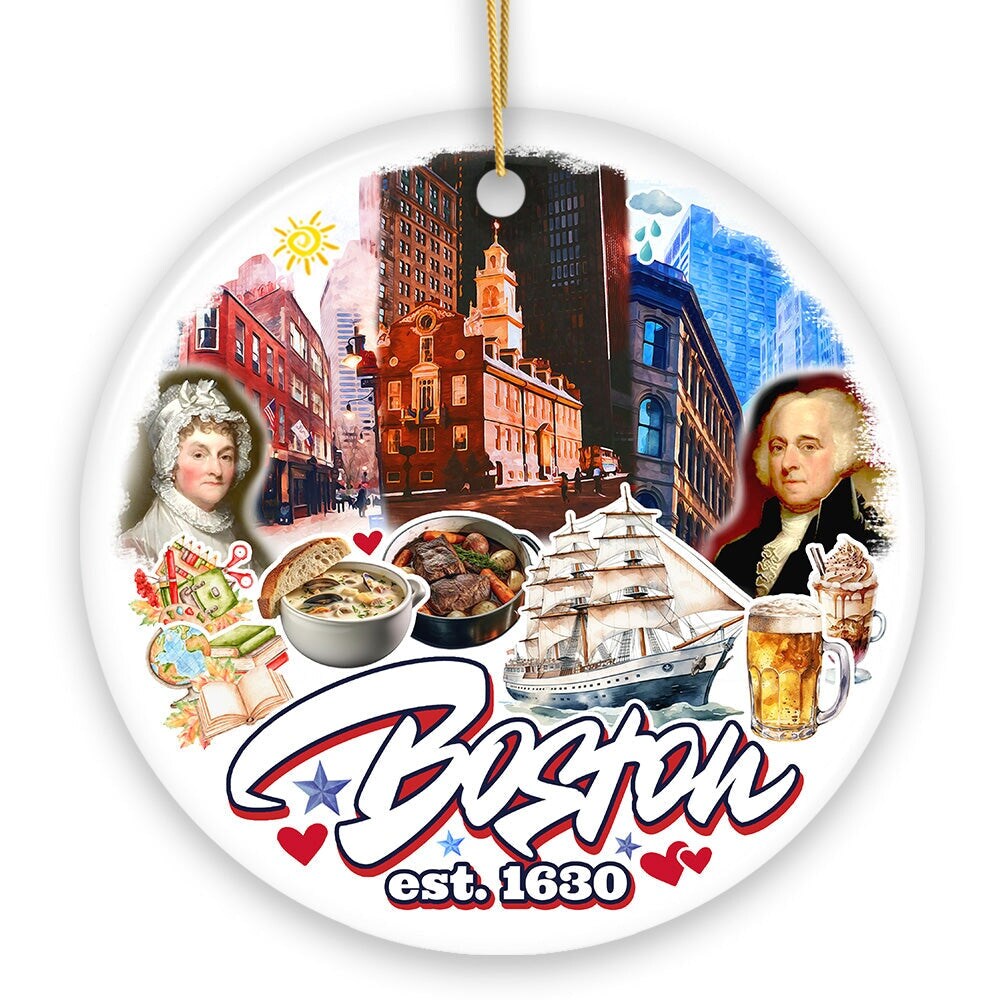 Vibrant Boston City Ceramic Art Ornament, Vintage Massachusetts Souvenir and Christmas Decor