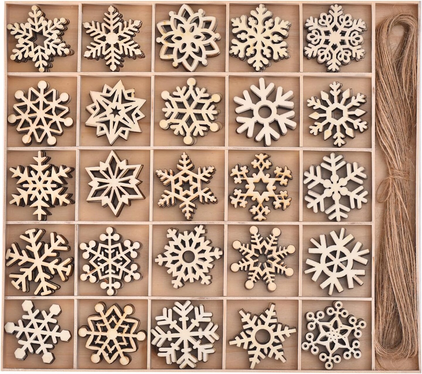 100 PCS Snowflake Ornaments for Christmas Decoration, Wooden Cutouts Ornament for Hanging Embellishments and Craft DIY, Rustic Farmhouse Holiday Decor with Strings