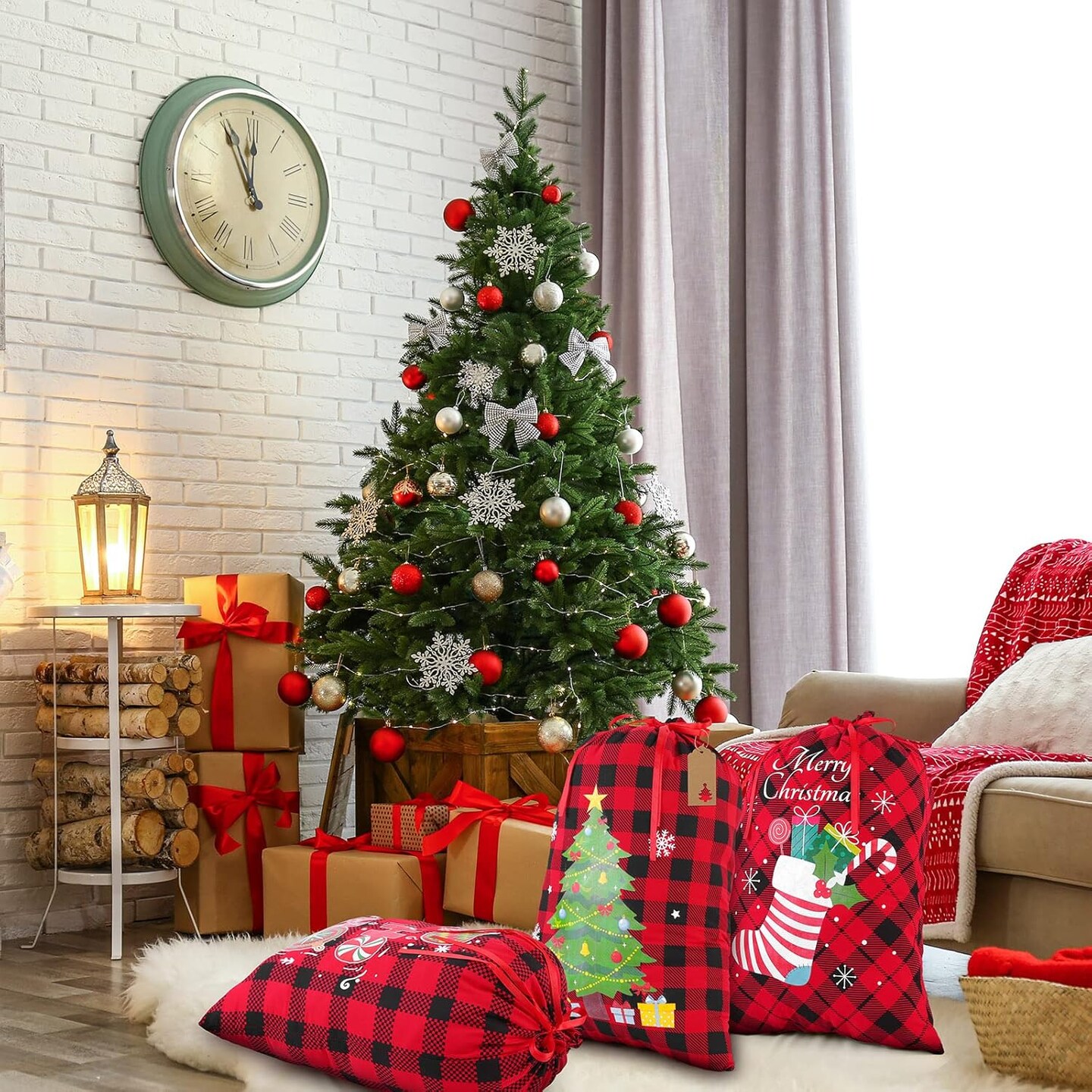 3 Pieces Christmas Drawstring Gift Bag Buffalo Plaid Fabric Bag with Drawstring Reusable Gift Wrapping Bags with 24 Kraft Paper Tags and Rope for Christmas Party Supplies, 17.7 x 23.6 Inches