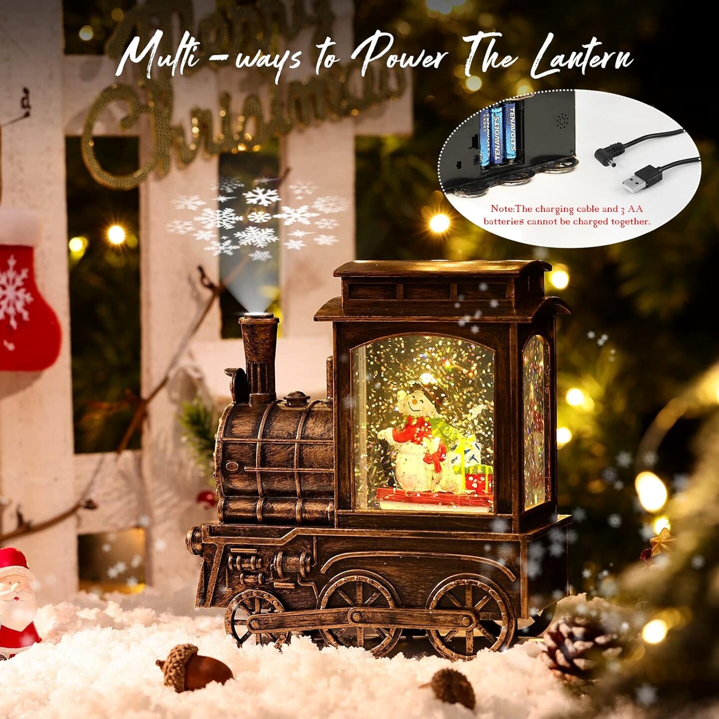 Christmas Snow Globes, Musical Snow Globe Lantern with Snowflake Projection, Vintage Train Snow Globe with Snowman LED Water Swirling Glitter with 6H Timer for Home Decoration, Black Gold