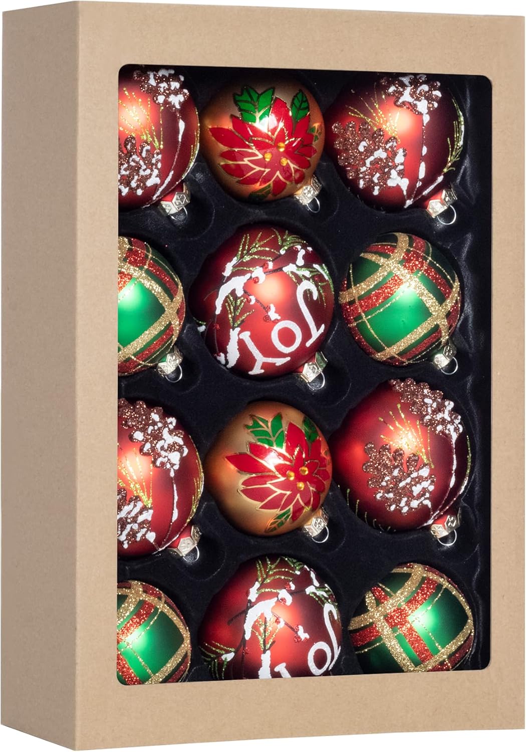 12-Piece Christmas Ornament Set - Colorful Glass Balls for Xmas Tree Decoration - Red, Golden &#x26; Green