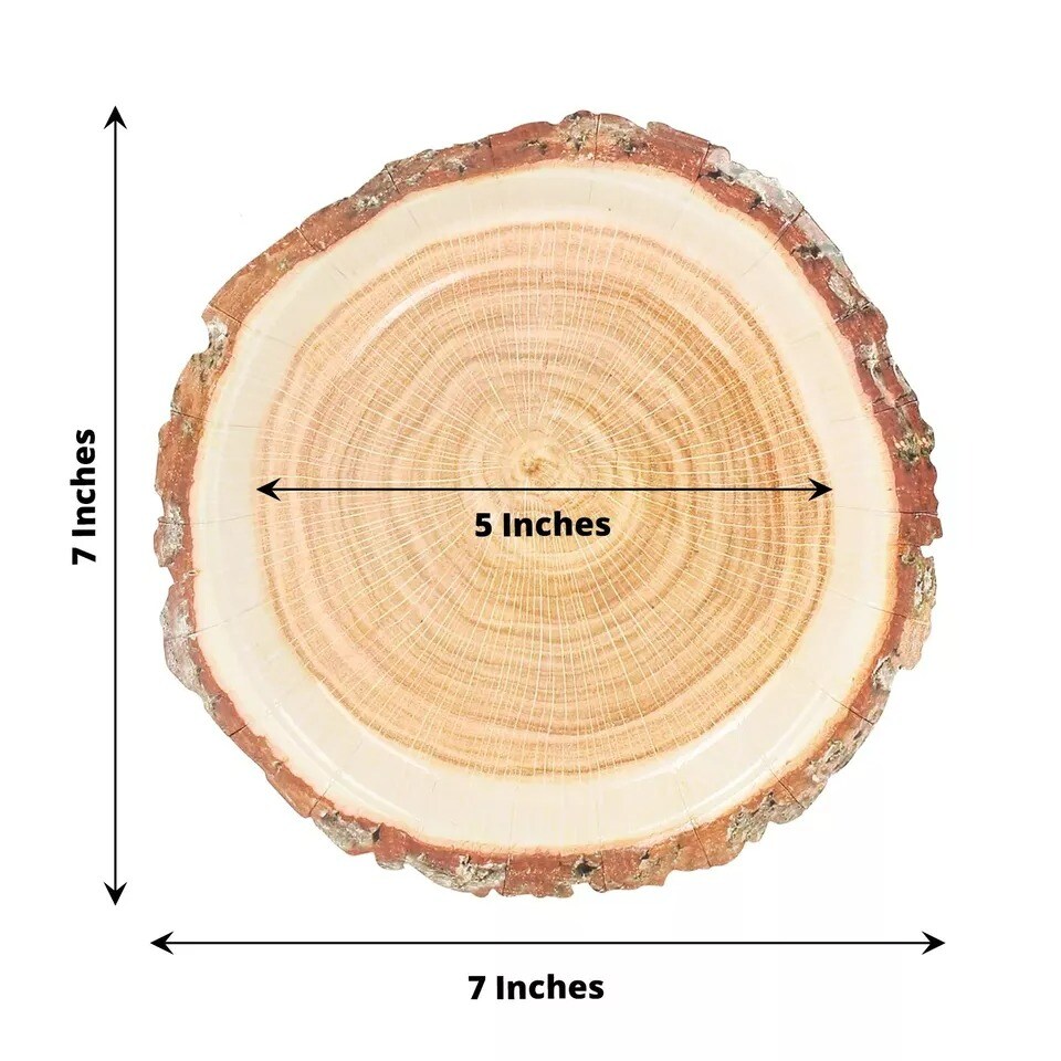 25 Natural 7 in Round Disposable Paper PLATES Wood Slice Design Party Events