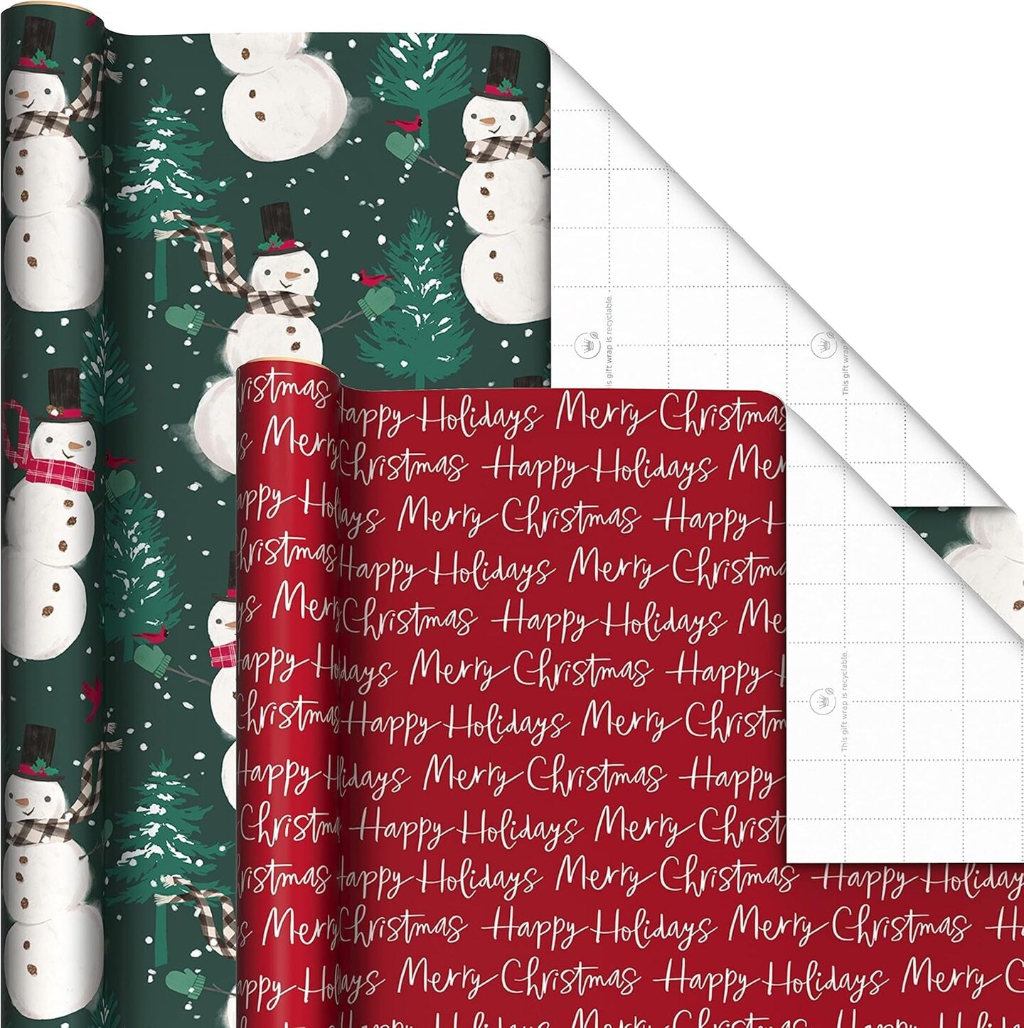 Rustic Recyclable Christmas Wrapping Paper (6 Rolls: 180 Sq. Ft. Total) Red, White and Hunter Green Plaid, Poinsettias, Snowflakes, &#x22;Merry Christmas,&#x22; Snowman, Santa
