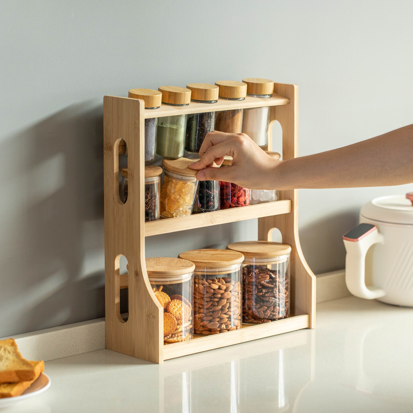 Basicwise Minimalist Two-Tier Bamboo Lazy Susan Turntable with 8 Pcs 12 oz Airtight Lid Glass Jars, Versatile Spice Rack Organizer, Perfect for Kitchen Countertops, Dining Tables, and Pantry Cabinets