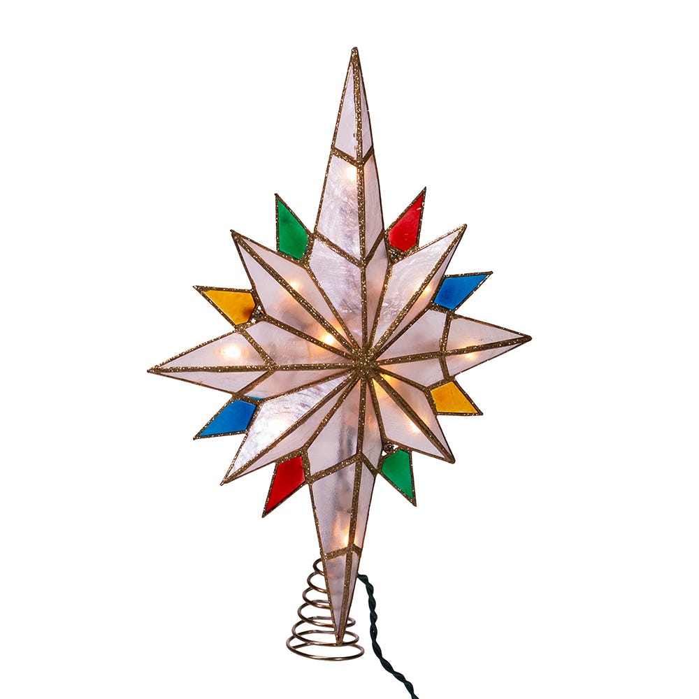 Kurt S. Adler 10-Light LED 6-Point Brass Plated Capiz Star With Scroll Design Tree Topper