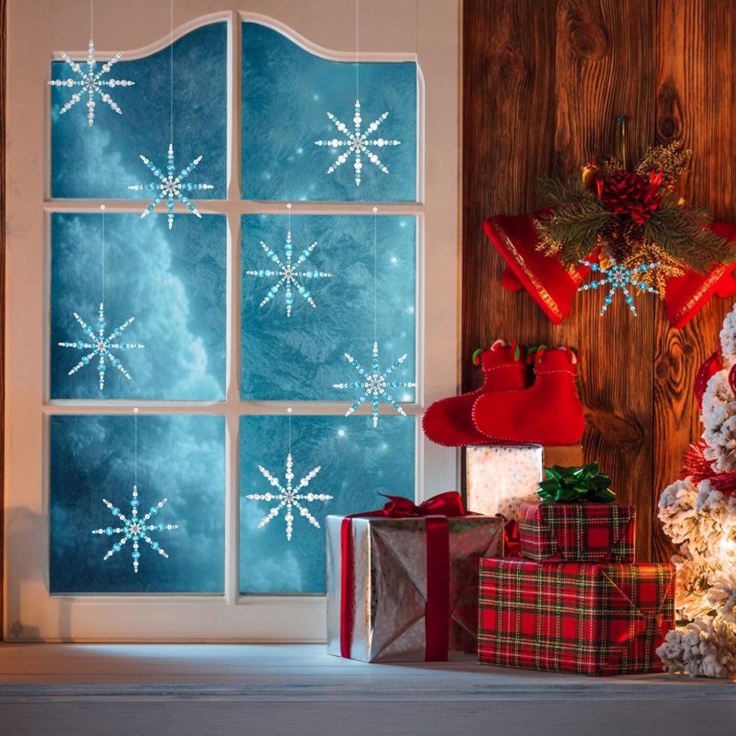 6 Pack Beaded Snowflake Ornament Kit for DIY Making Christmas Tree Ornaments, White Blue Clear, Includes Assorted Pearl Beads and Stainless Steel Wire Snowflake Forms
