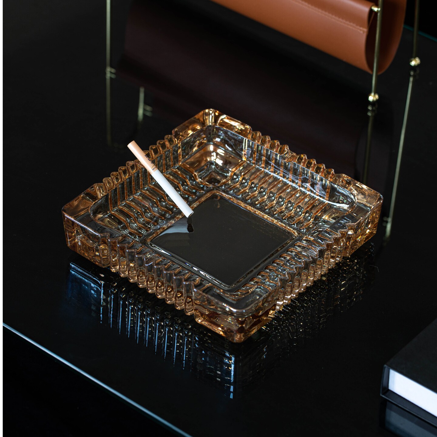 Basicwise Luxury Large Glass Ashtray with 4 Slots for Cigarettes and Cigars, Transparent Square Design for Men - Ideal for Home, Office and Tabletop Decoration - Perfect for Indoor and Outdoor Use