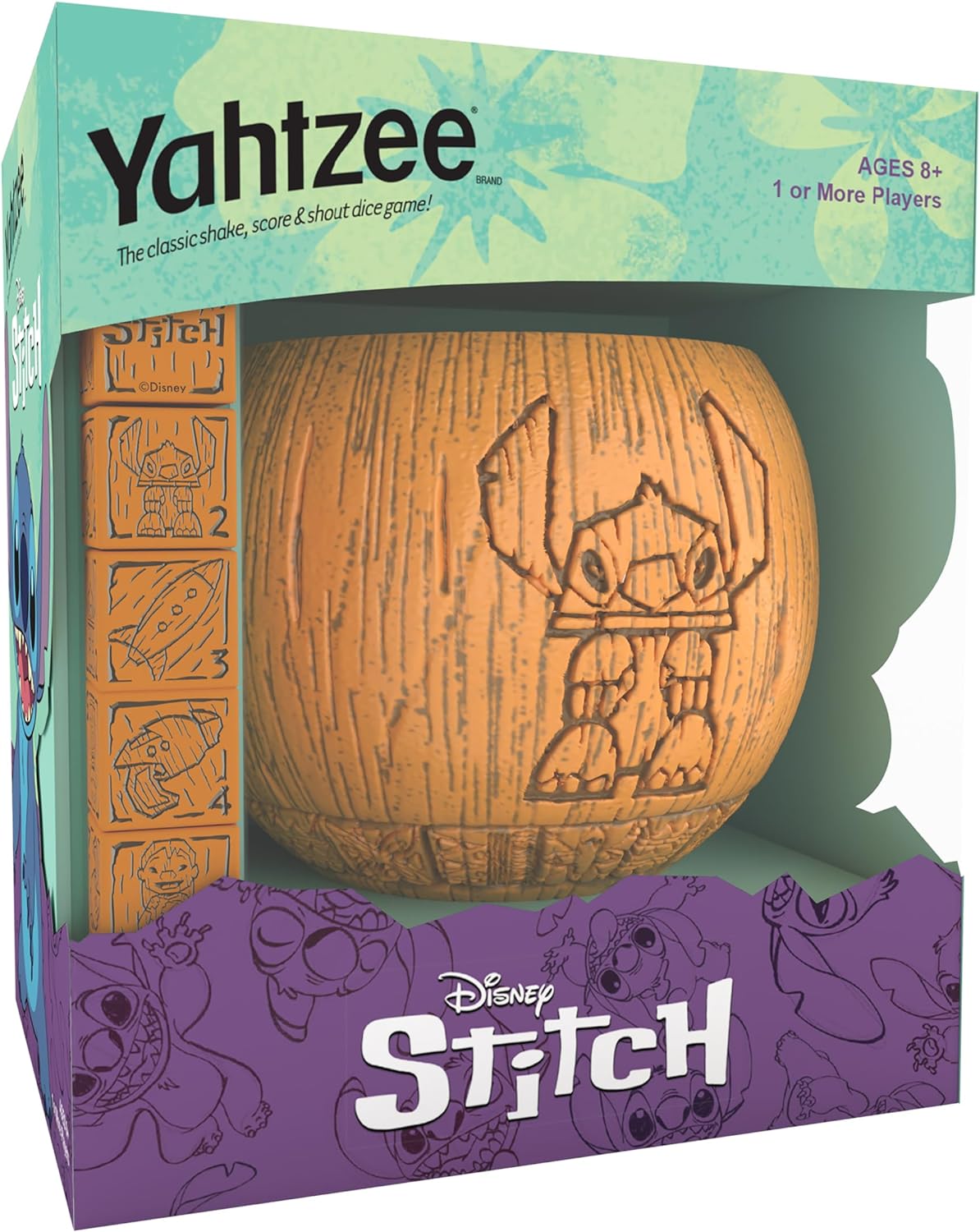 USAOPOLY YAHTZEE: Disney Stitch | Collectible Stitch Tiki Style Dice Cup | Classic Dice Game Based on Disneys Lilo and Stitch | Great for Family Night | Officially Licensed Disney Game and Merchandise