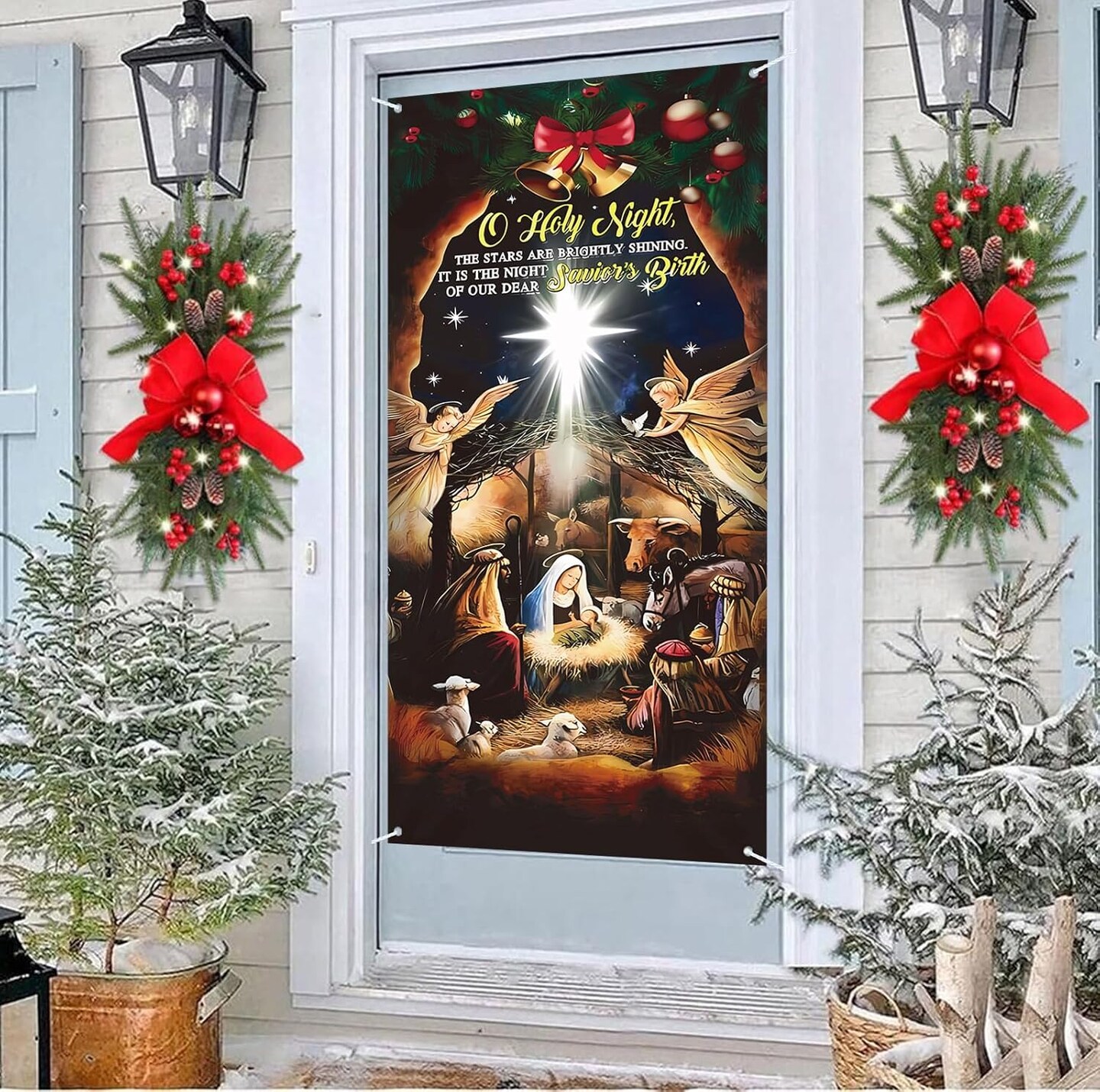Christmas Door Cover Decorations,Jesus Nativity Scene Christmas Fabric Door Decoration Porch Sign Holy Night Outdoor Religious Front Door Banner Winter Holiday New Year Xmas Office Home Party Supplies