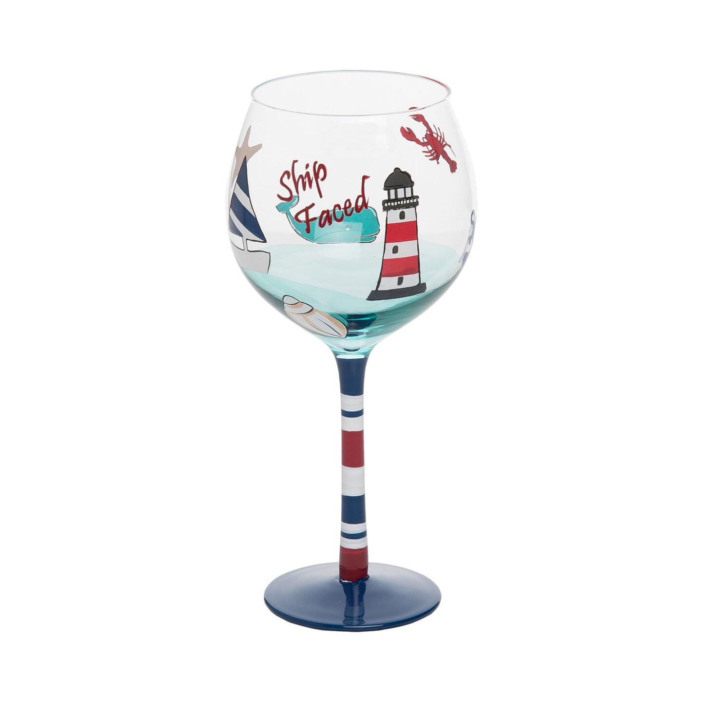 Lighthouse Harbor Painted Wine Glass Drinkware Gift Coastal Nautical Ocean Beach Sea Life 4.6 x 4.6 x 8.7