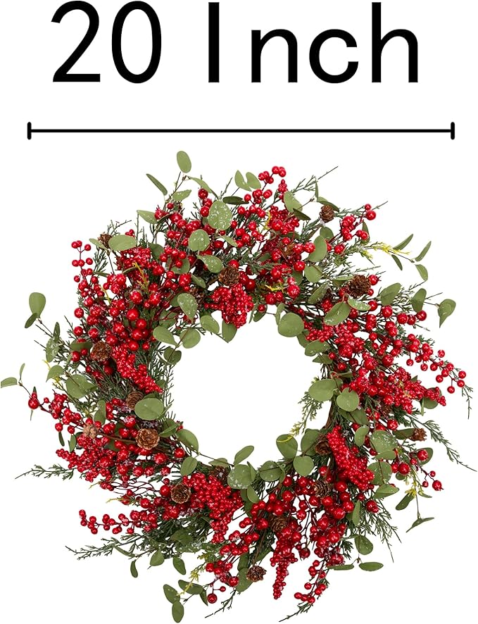 20 Inch Christmas Wreath for Front Door Artificial Xmas Door Wreath for Indoor Outdoor Christmas Decorations Snowy Winter Wreath with Pine Needles Pinecones Red Berries for Holiday Xmas Decor