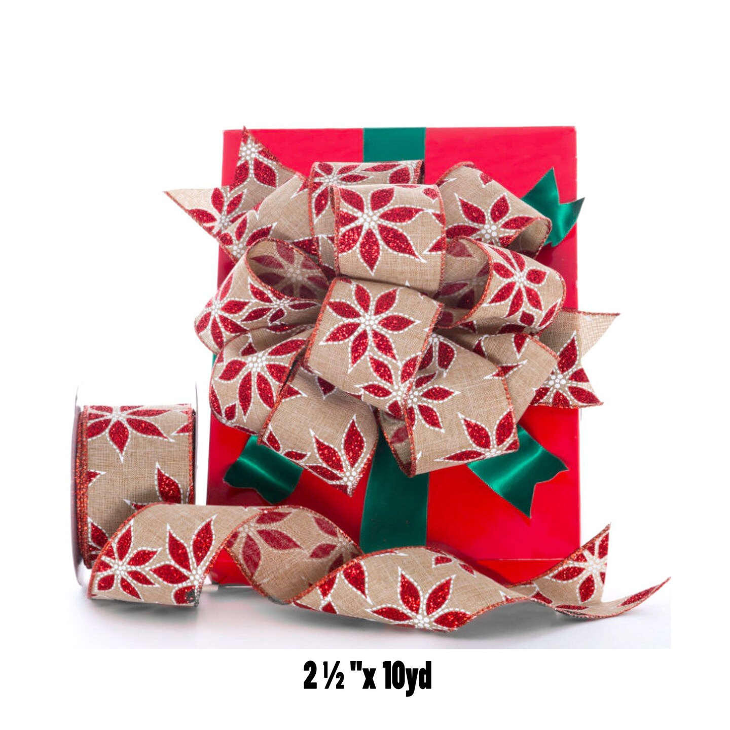 Christmas Poinsettia Flower Ribbon 2.5&#x22; x 10 Yards