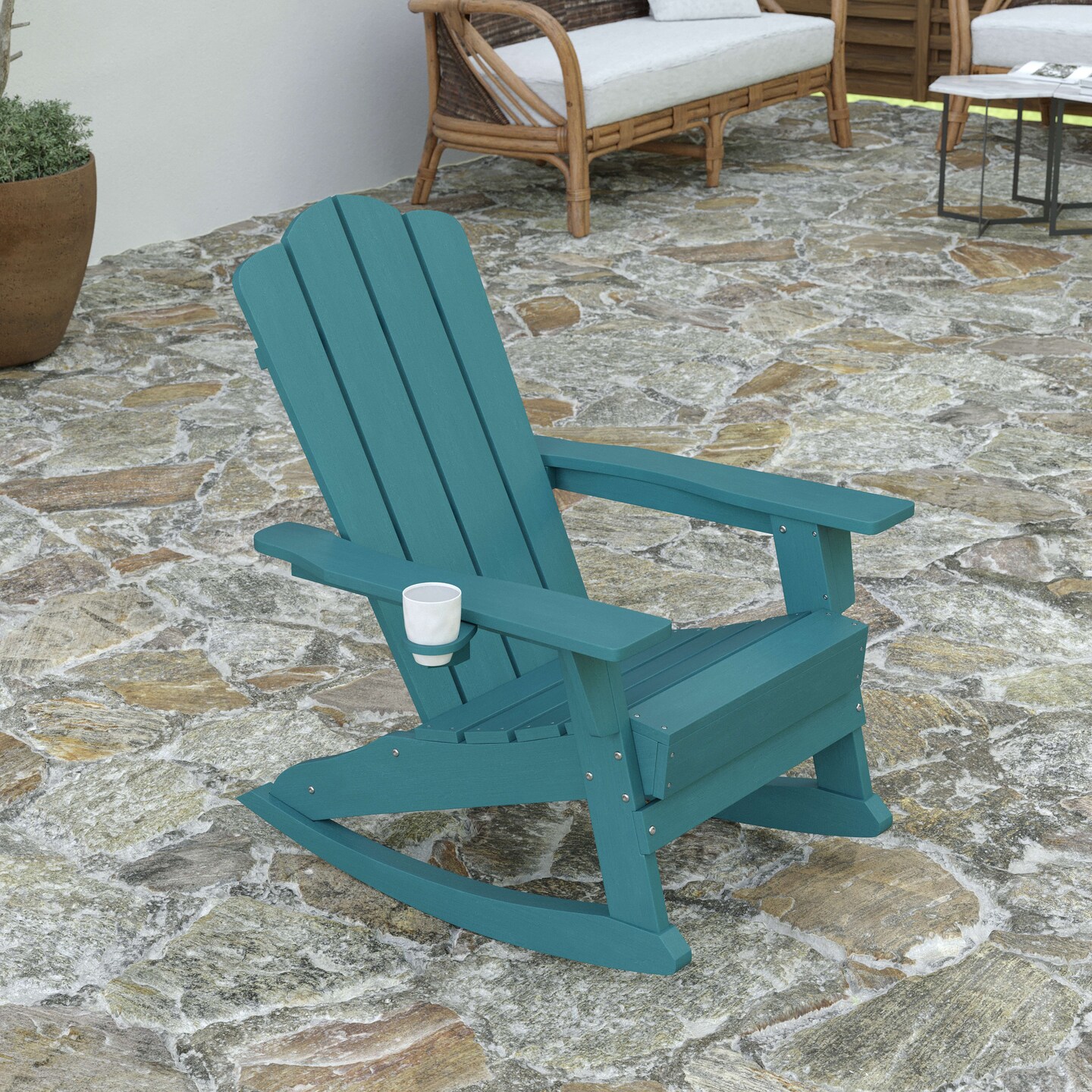 Merrick Lane Nassau Adirondack Rocking Chair with Cup Holder, All-Weather HDPE Indoor/Outdoor Chair