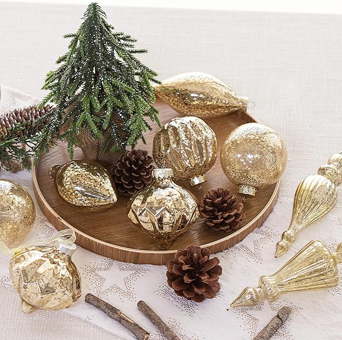 Set of 8 Champagne Gold Hanging Christmas Balls Finials for Christmas Tree Decoration Holiday D&#xE9;cor