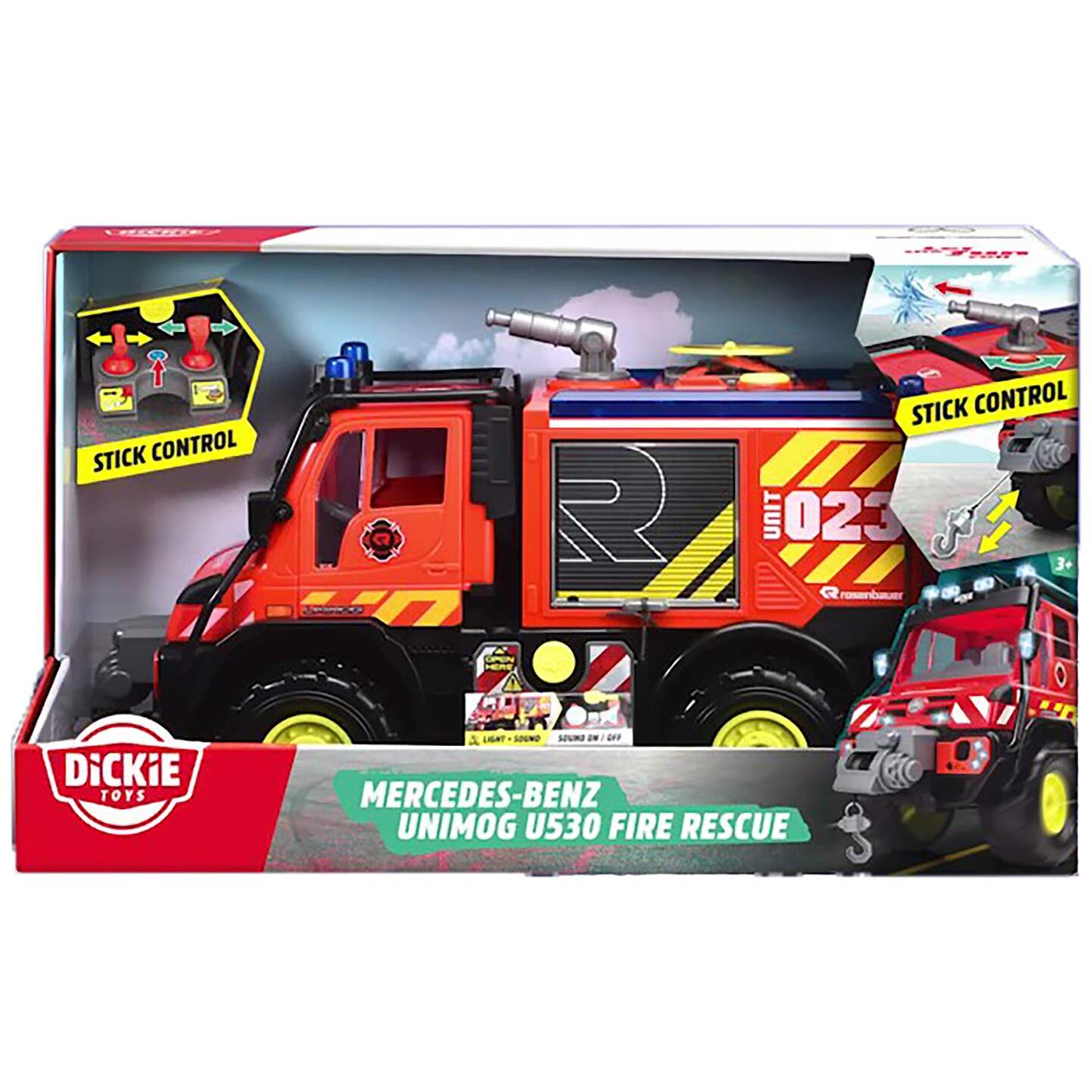 Dickie Toys: Mercedes-Benz Unimog Fire Rescue Truck - Red &#x26; Yellow - 19&#x22; Light &#x26; Sound Vehicle, Shoots Water, Includes 2 Flying Drones, Kids Ages 3+