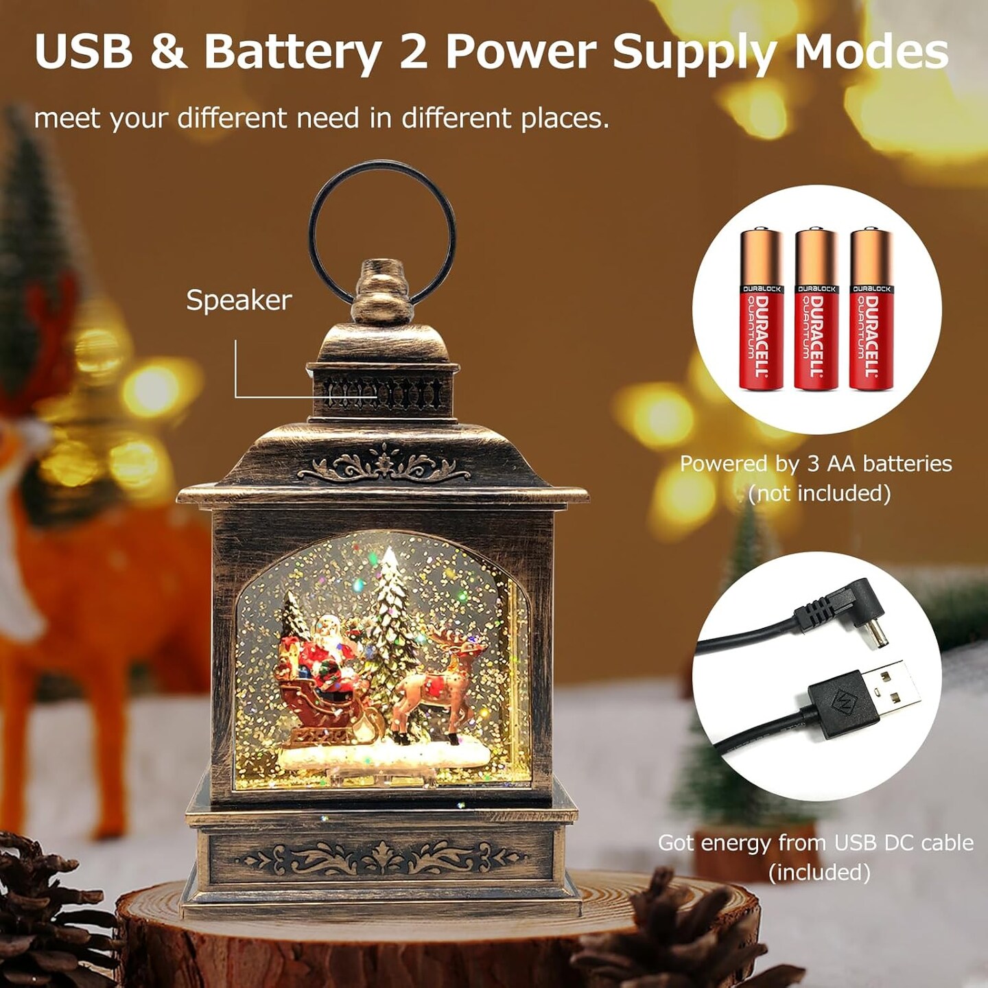 Christmas Snow Globe Lantern Musical Lighted with Timer,Spinning Santa Claus Water Lantern Glittering Holiday Decor Gift, Battery Operated&USB Glitter Lantern (Santa Claus and Christmas Tree)