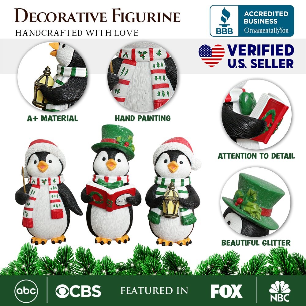 Caroling Penguin Trio Set of Christmas Figurines, 6&#x22; Winter Holiday Statue Set of Three