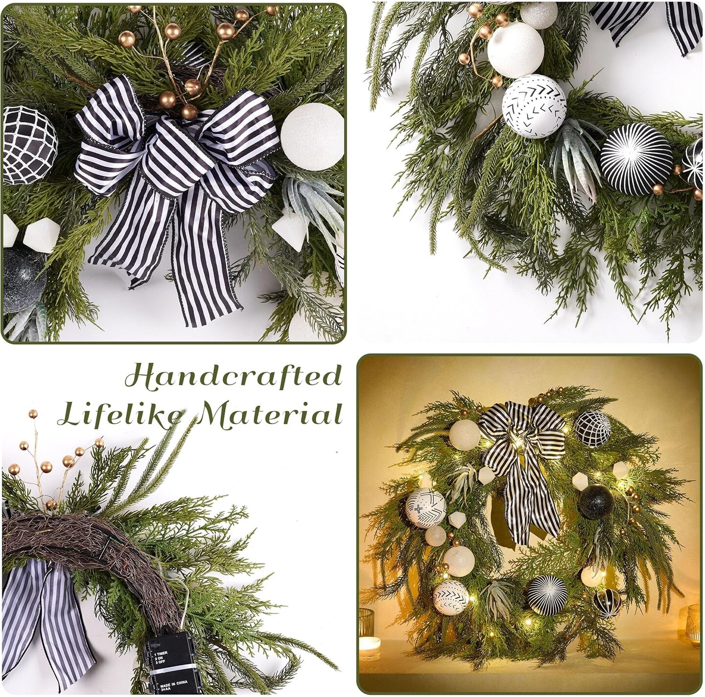 Collapsible Christmas Wreath, 24 inch Prelit Norfolk Pine Wreaths for Front Door with Ornament, Aritificial Greenery Christmas Wreath Decorations with Lights (Boho Black &#x26; White)