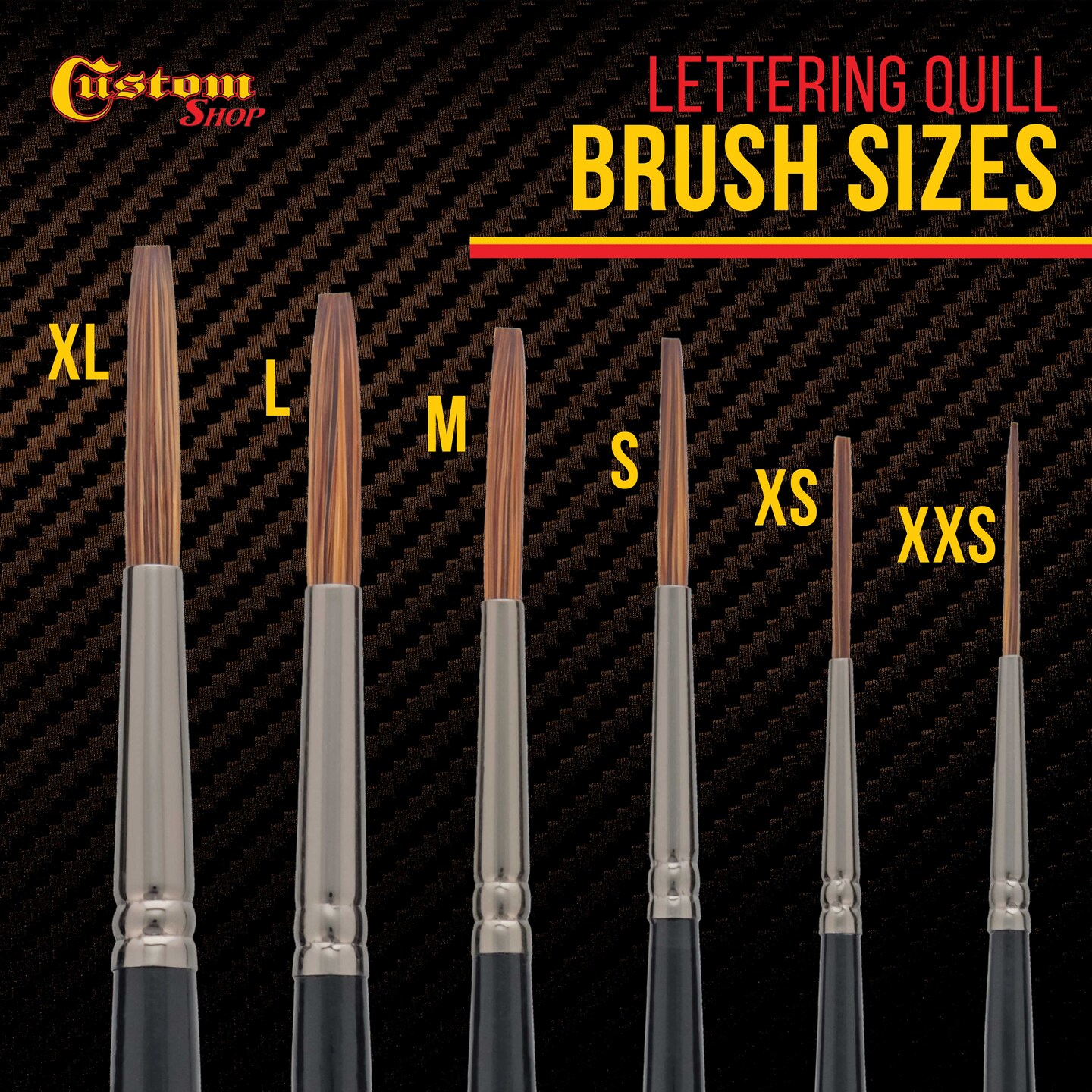 Custom Shop Set of 6 Lettering Quill Brushes for Sign Painting, Sizes XL, LG, MED, SM, XSM, XXSM, Brush Blend Squirrel Taklon Hair, Paint Pinstriping