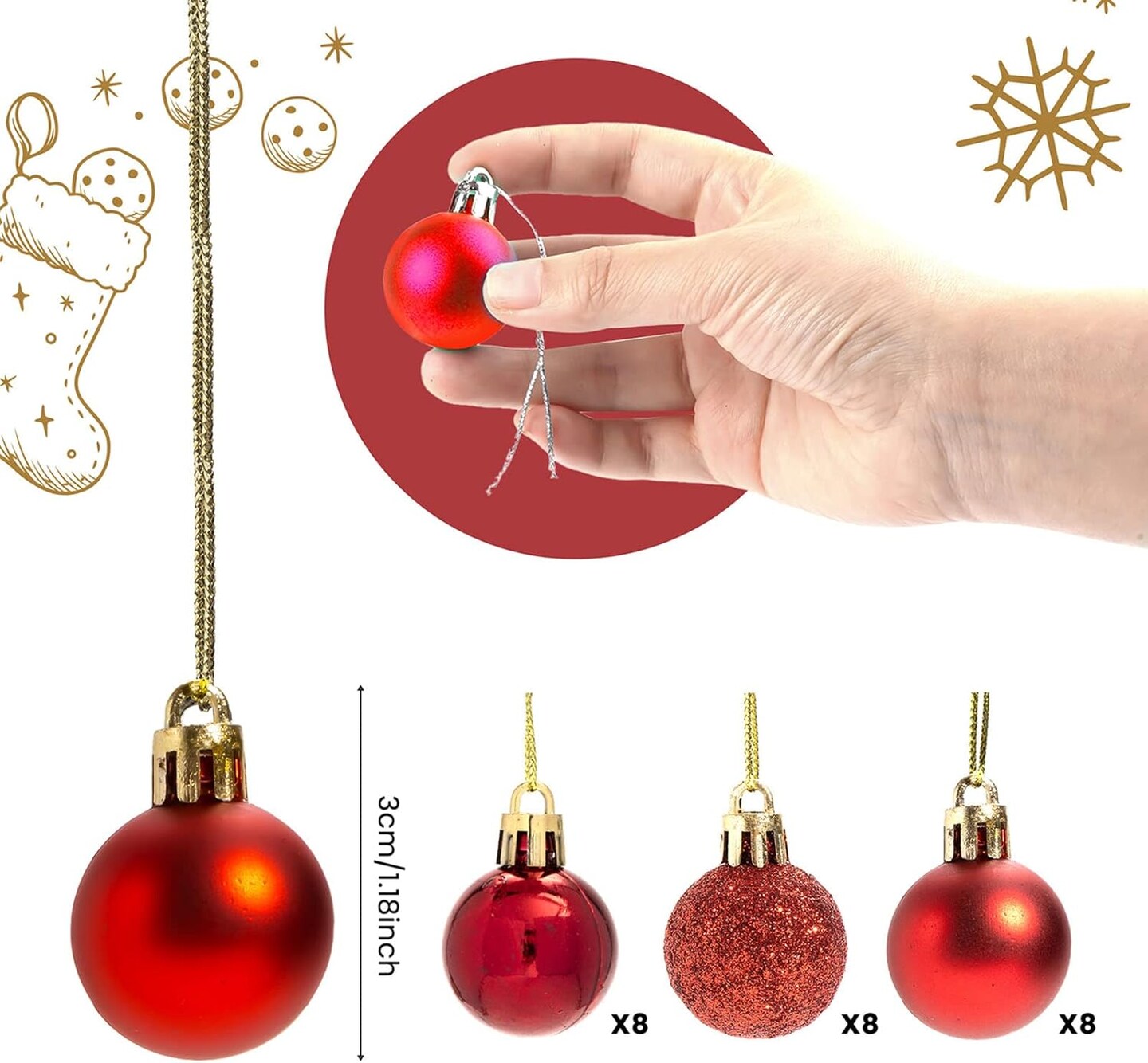 Set of 24 Mini Shatterproof Christmas Balls Tree Ornaments Party Decoration, 3cm/1.1'' (Red)