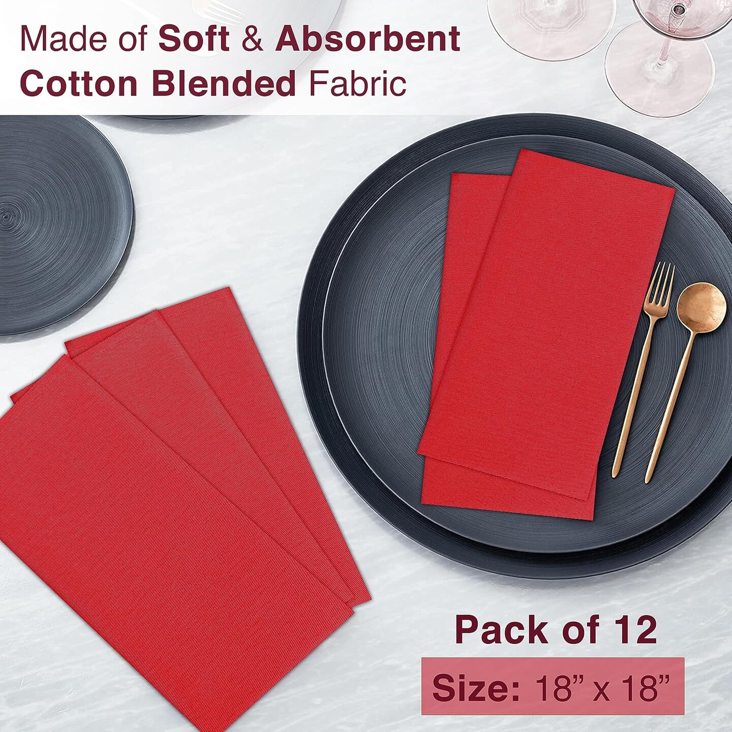 Inches Napkins Cloth Washable, Soft, Durable, Absorbent, Cotton Blend. Table Dinner Napkins Cloth for Hotel, Weddings, Dinner, Christmas Parties - Red