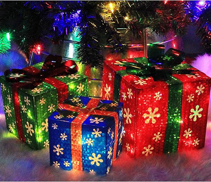 Set of 3 Lighted Gift Boxes Christmas Decorations, Red Green and Blue Present Boxes, Christmas Home Gift Box Decor