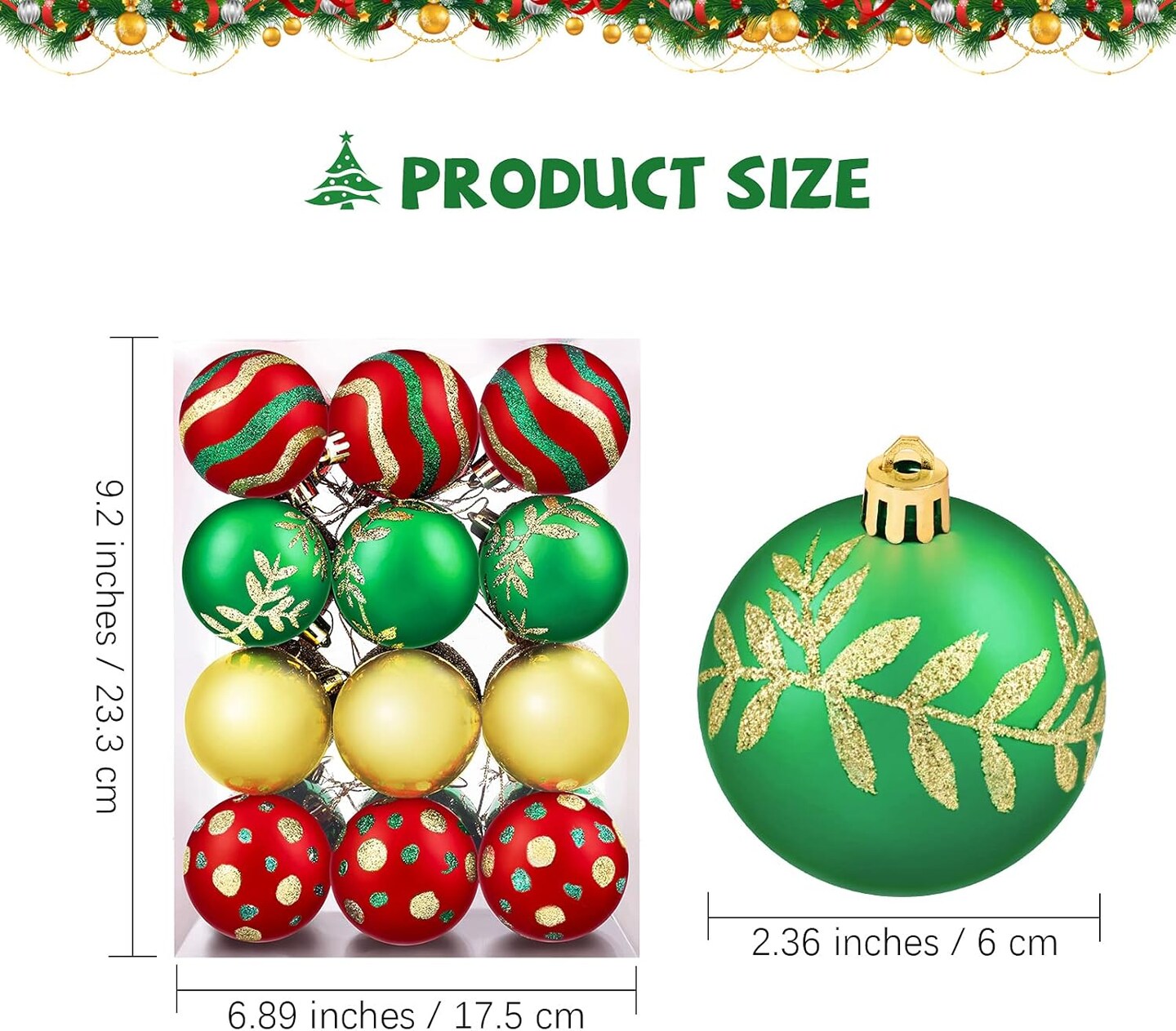 24 Pieces Christmas Ball Ornaments Painting &#x26; Glittering Christmas Tree Pendants Shatterproof Decorative Baubles in 8 Patterns for Christmas Tree Decorations, Red, Green, Gold