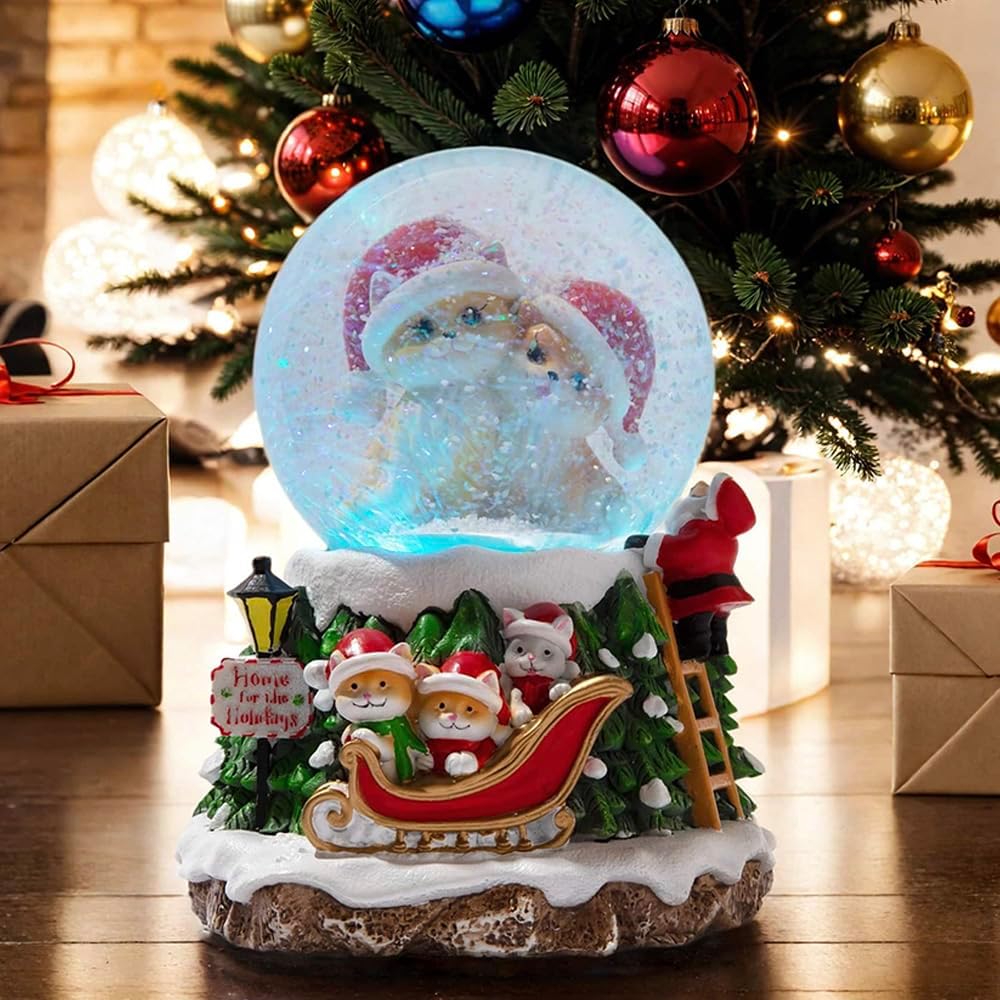 Home for The Holidays Christmas Musical, Water Glittering Cat Snow Globe – Plays 7 Traditional Holiday Songs Including Jingle Bells & Color Changing Lights