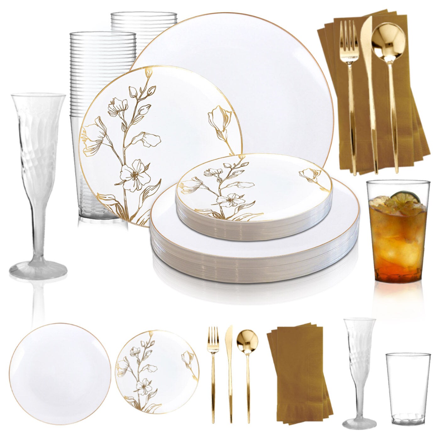 White with Gold Antique Floral Plastic Grand Wedding Value Set (100 Settings)