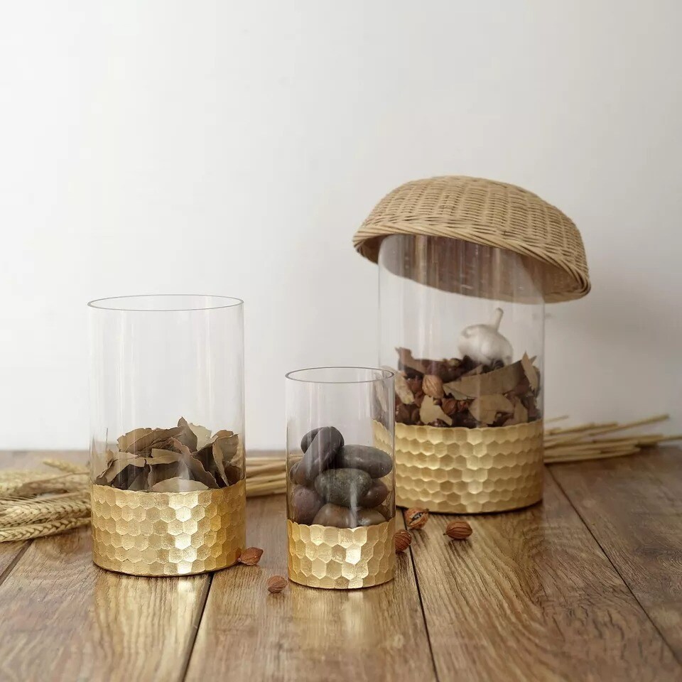 3 pcs Clear Gold Honeycomb Trim Glass Cylinder Vases Wedding Party