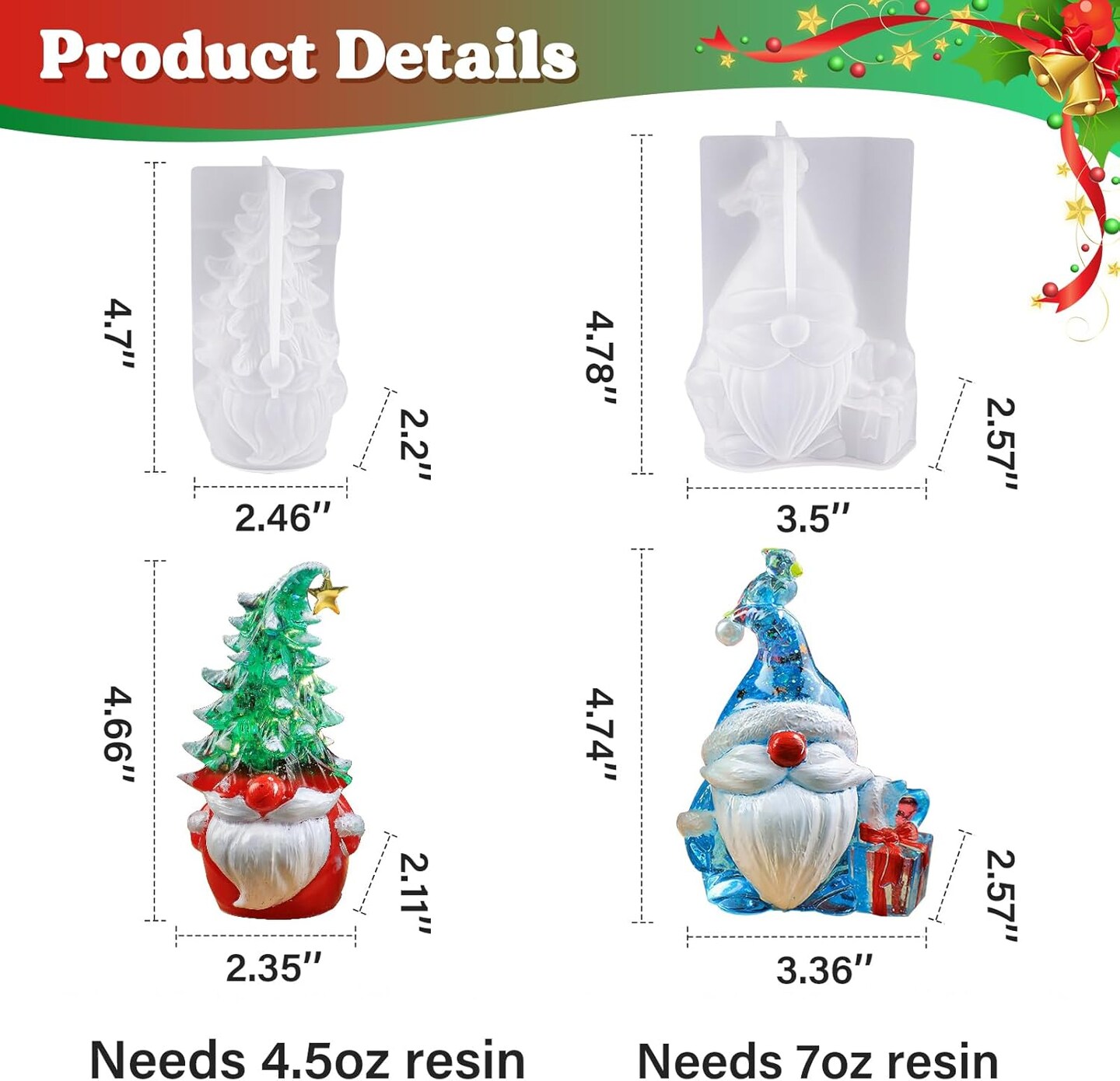 LET&#x27;S RESIN Christmas Gnomes Resin Molds, 2 Pcs Santa Gnomes Epoxy Resin Molds with Slouchy Hat Christmas Tree Gnome, Funny Silicone Molds for Epoxy Resin, Christmas Ornaments, Thanksgiving Gifts