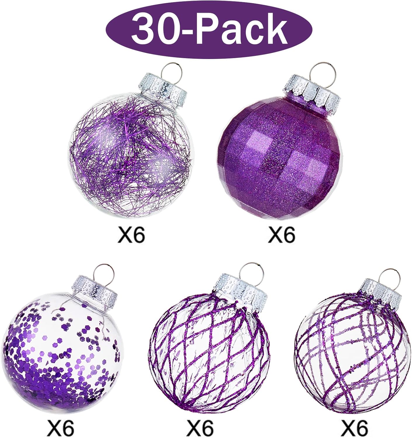 30ct Christmas Ball Ornaments-60mm/2.36&#x22; Shatterproof Clear Plastic Xmas Balls Baubles Set with Stuffed Delicate Sparkling, Hanging Christmas Tree Decorations (Purple)