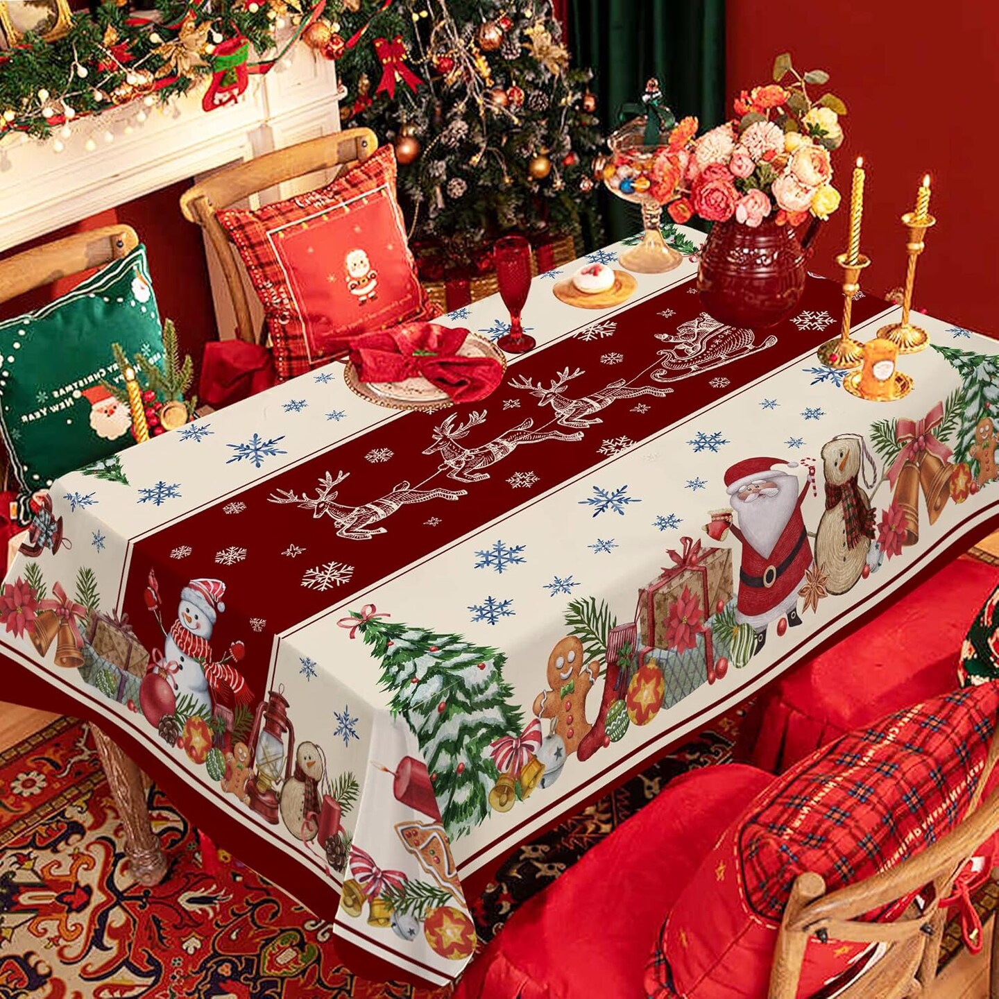 Christmas Tablecloth, Christmas Snowman Table Cloth Rectangle 60x84 inch, Oblong Winter Xmas and Santa Kitchen Christmas Table Decorations for Home,Dinner,Party