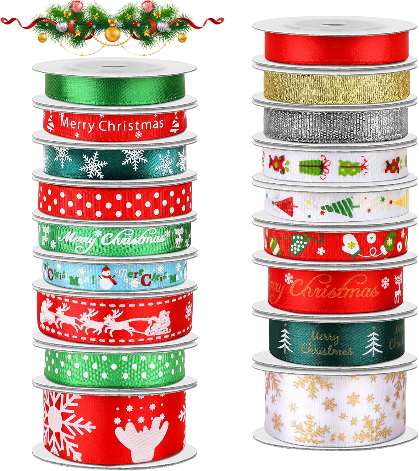 18 Rolls 90 Yards Christmas Ribbons Holiday Printed Grosgrain Satin Ribbon Metallic Glitter Craft Fabric for Xmas Gift Wrapping Decoration, 3 Sizes