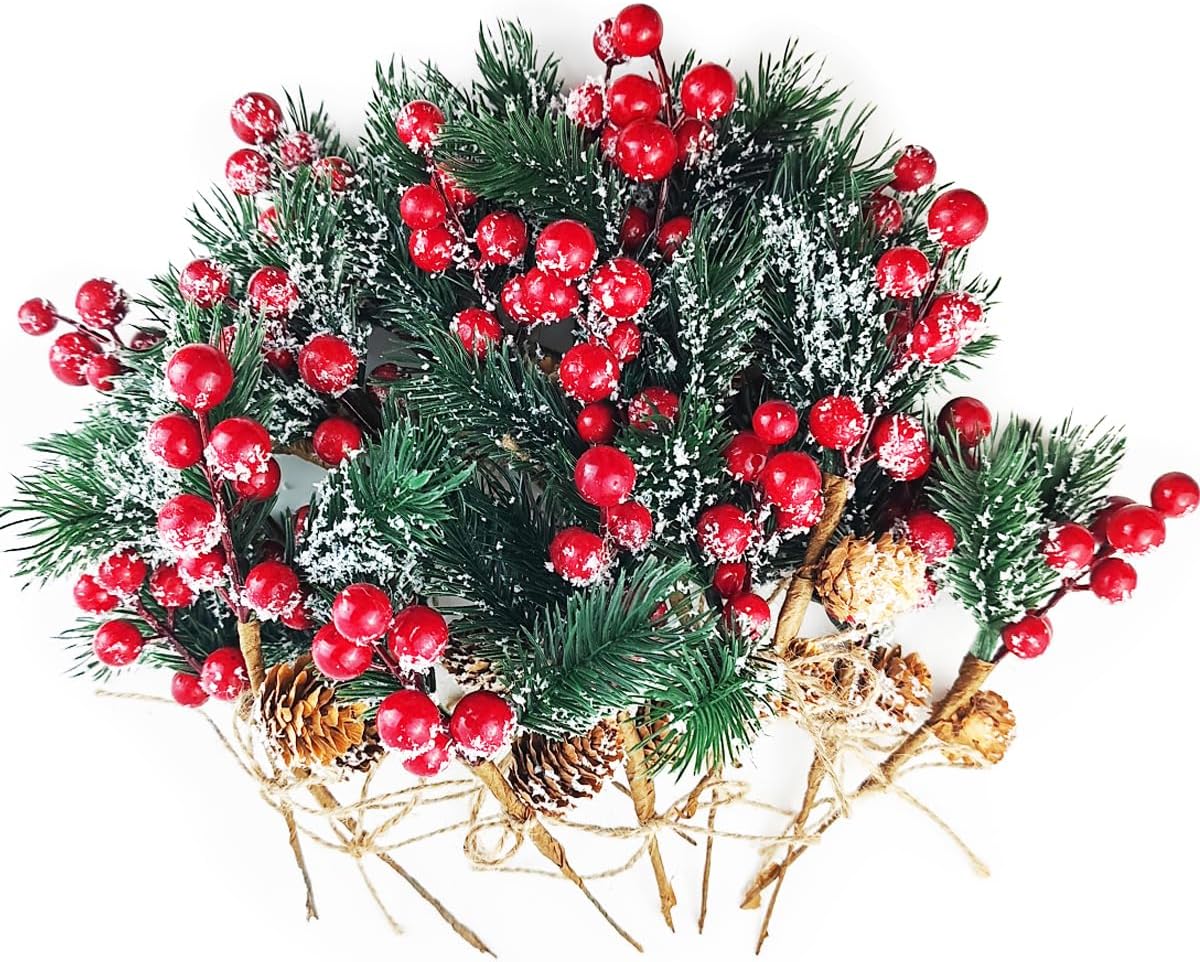 20PCS 8inch Artificial Christmas Floral Picks, Red Fake Berry Picks Stems, Pine Branches with Pinecones Holly Leaves for Vase Floral Arrangement Wreath Winter Holiday Season Decor Crafts