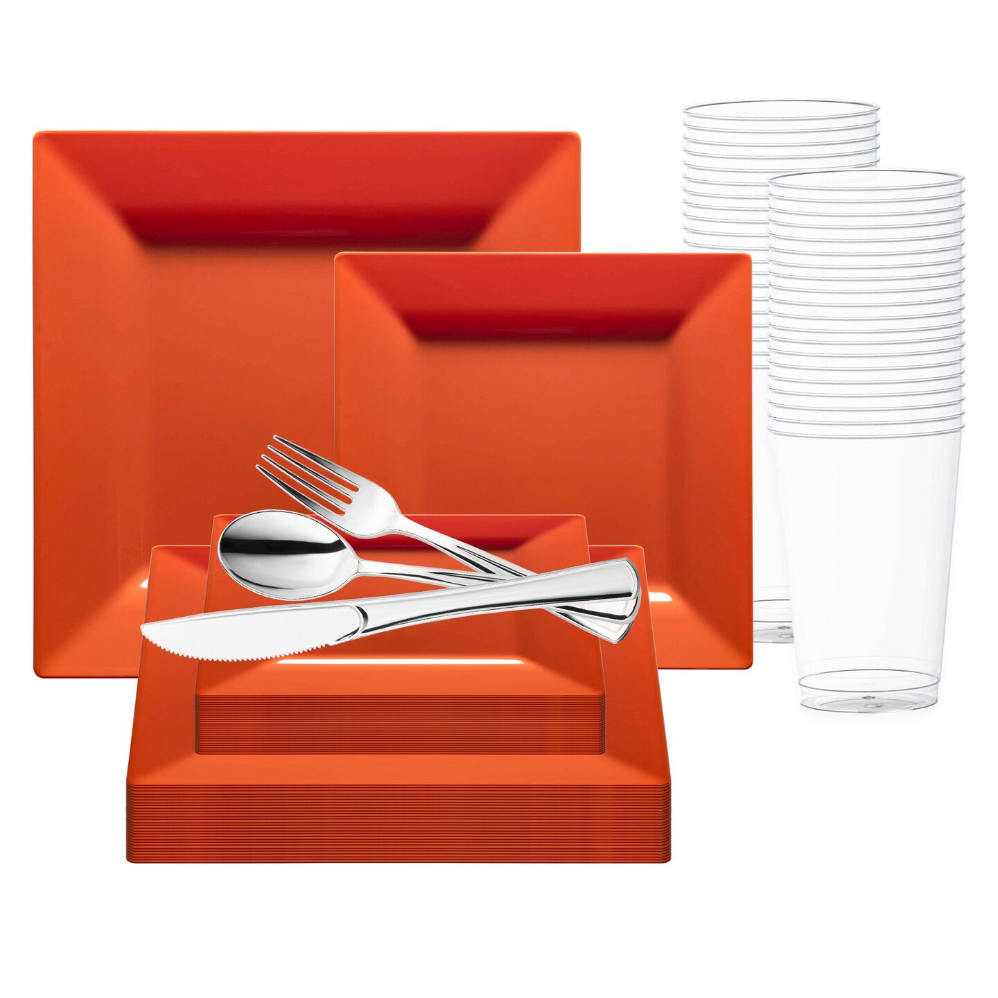 Burnt Orange Square Plastic Plates Wedding Value Set (120 Settings)