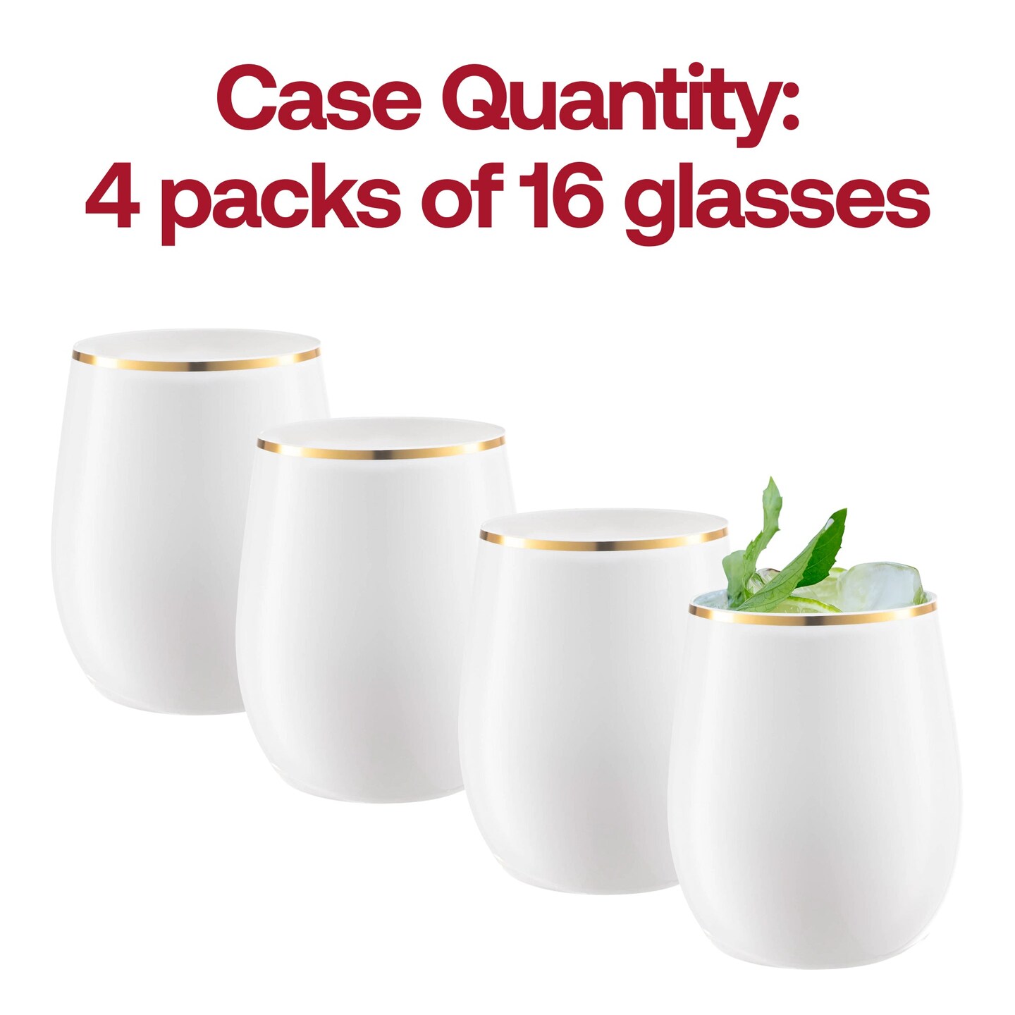 White with Gold Elegant Stemless Plastic Wine Glasses - 12 oz. (64 Glasses)