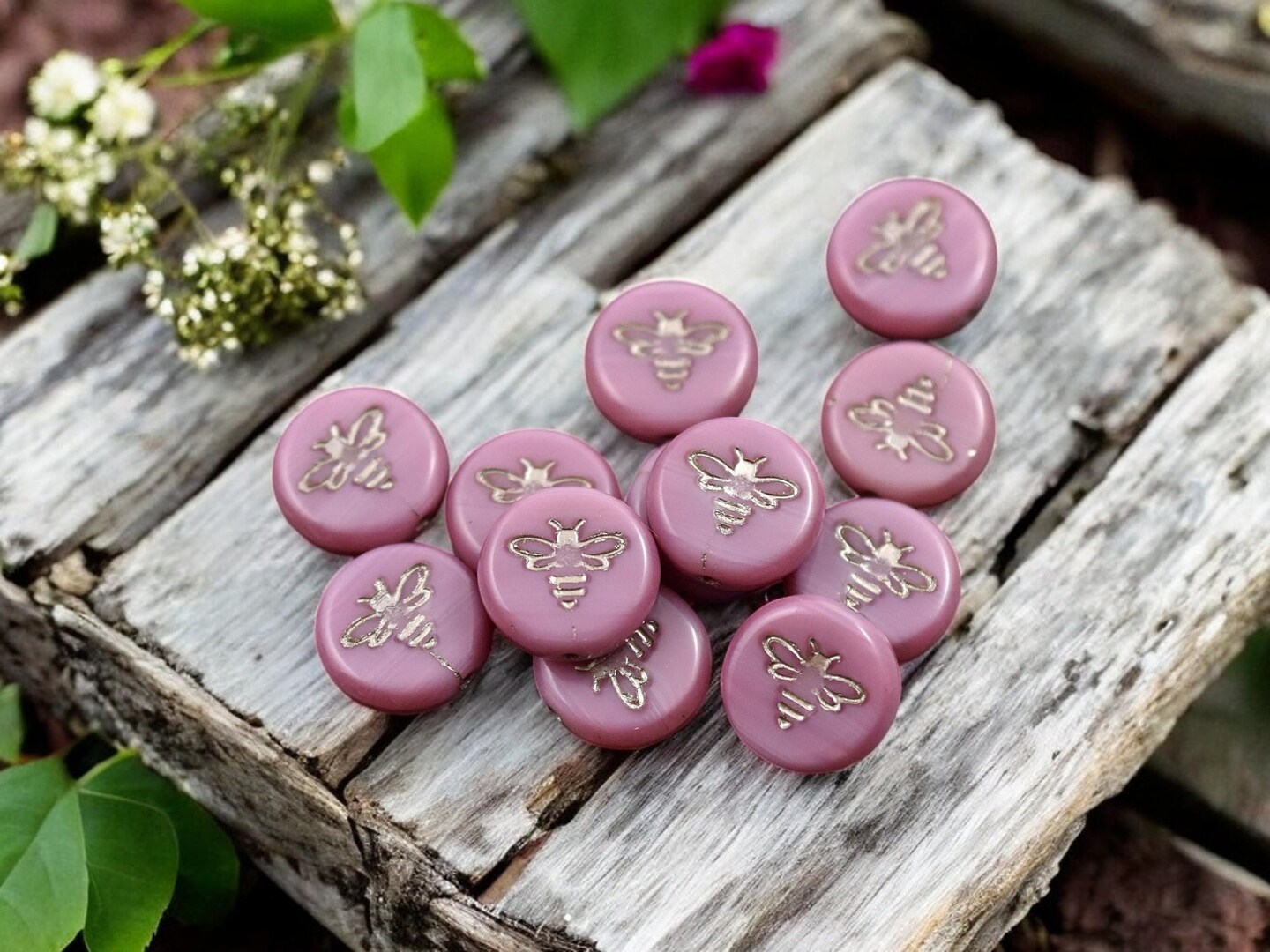 *12* 12mm Platinum Washed Pink Silk Bee Coin Beads